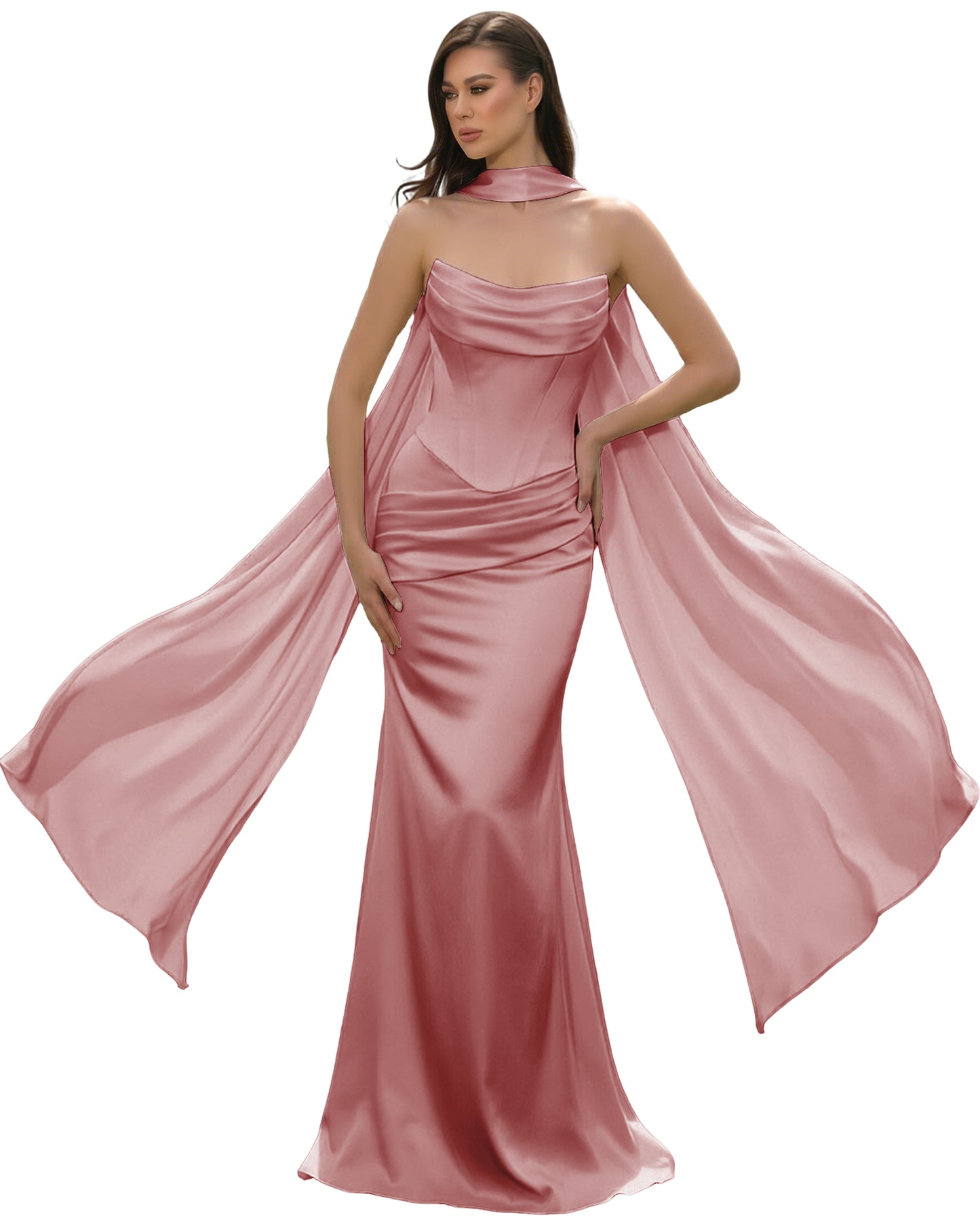 Satin Corset Mermaid Bridesmaid Dress with Cowl Neck and Dramatic Scarf