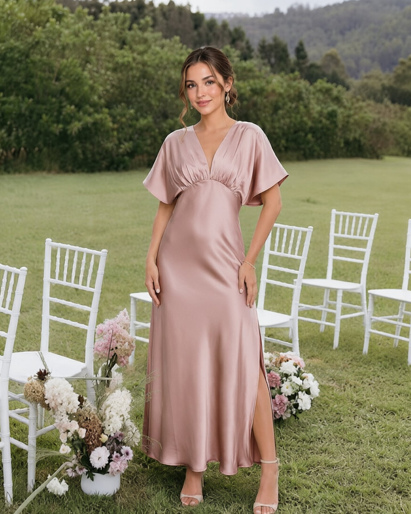 Empire Waist Satin Bridesmaid Dress with Flutter Sleeves and Side Slit