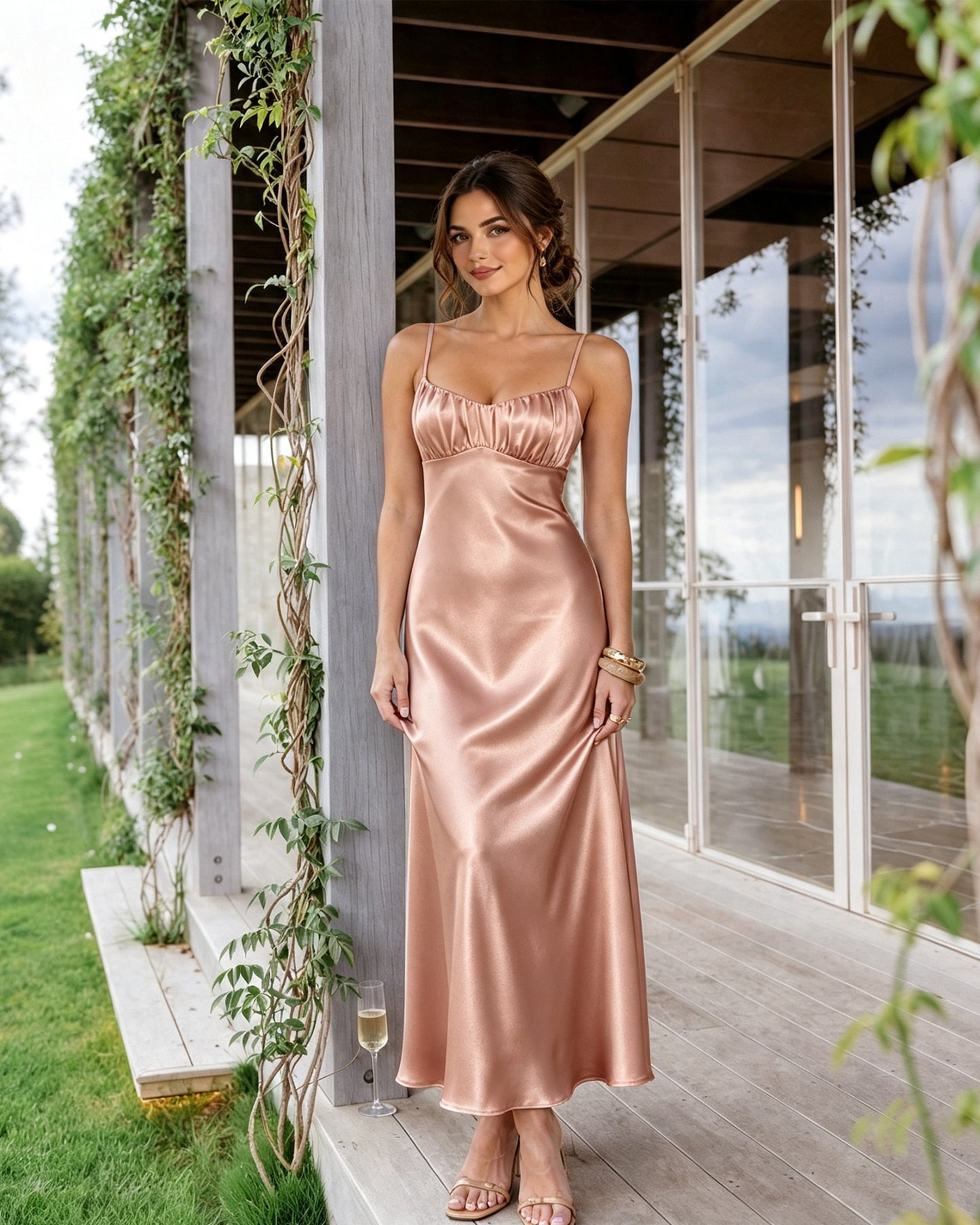 Spaghetti Strap Ruched Bust Satin Bridesmaid Dress with Tie-Back