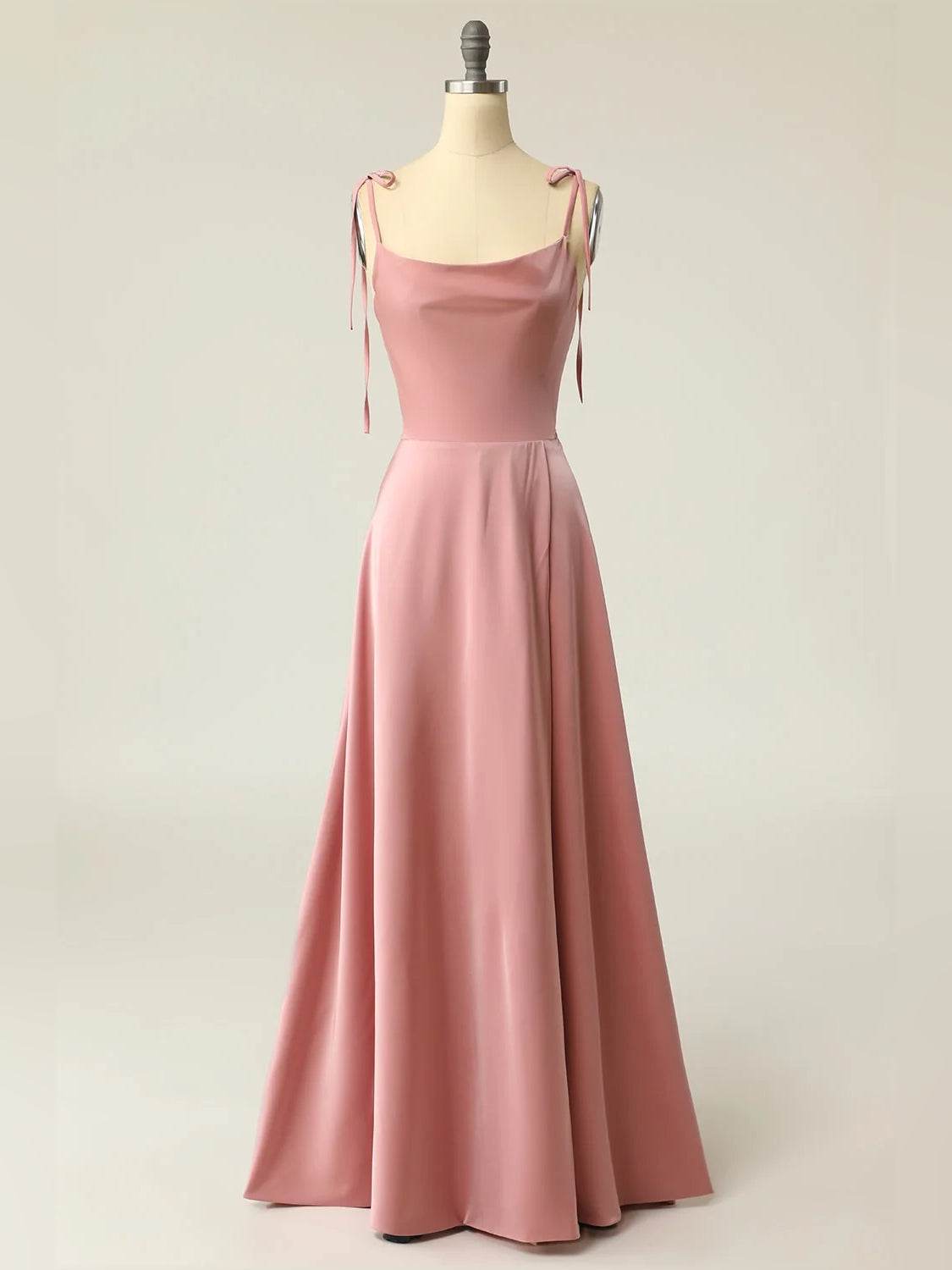 Dusty Pink Draped Layered Cowl Neck A-Line Maxi Satin Prom Dress for Celebration Dinner