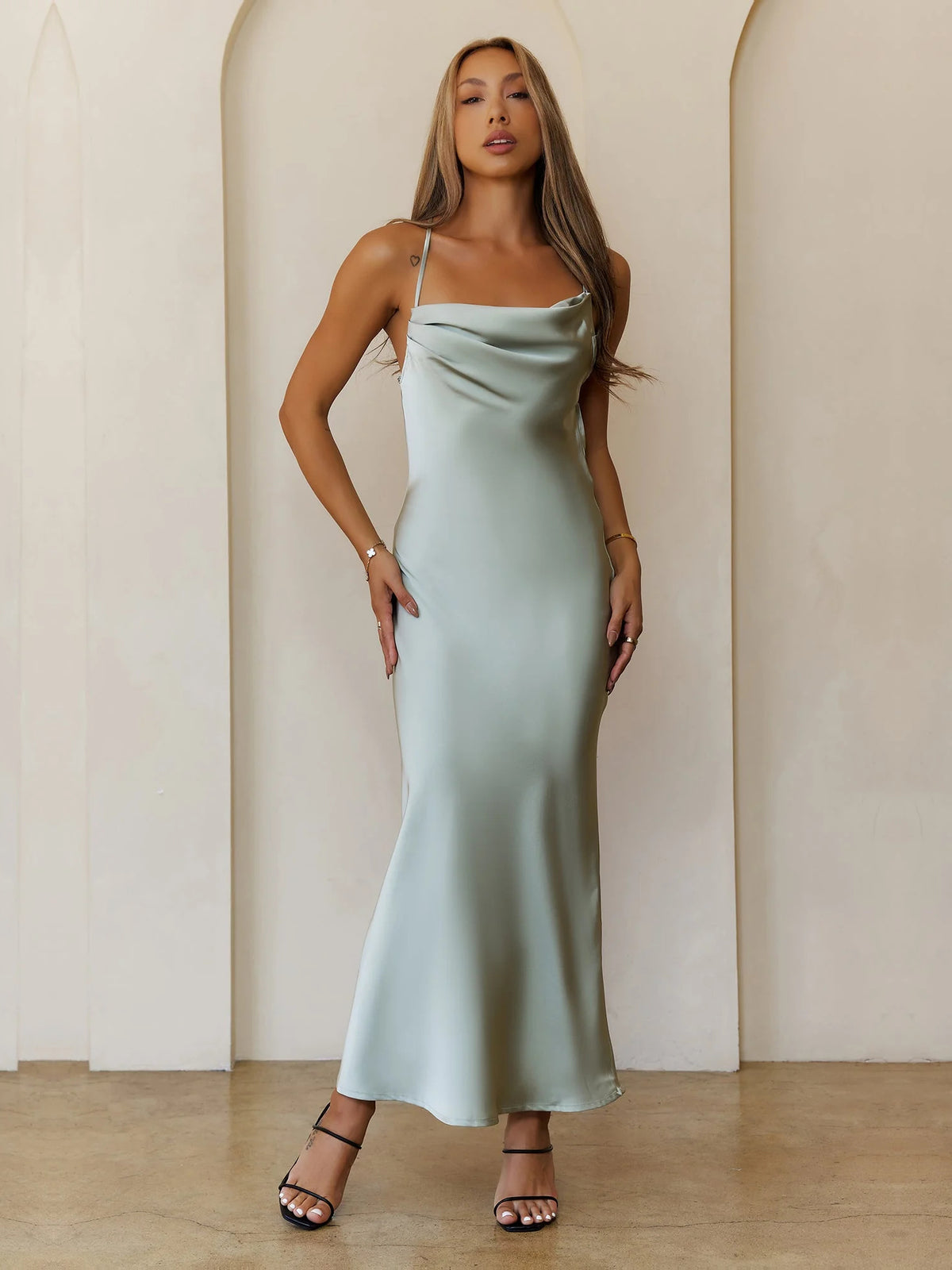 Khaki Cowl Neck Spaghetti Strap Open Back Maxi Formal Dress