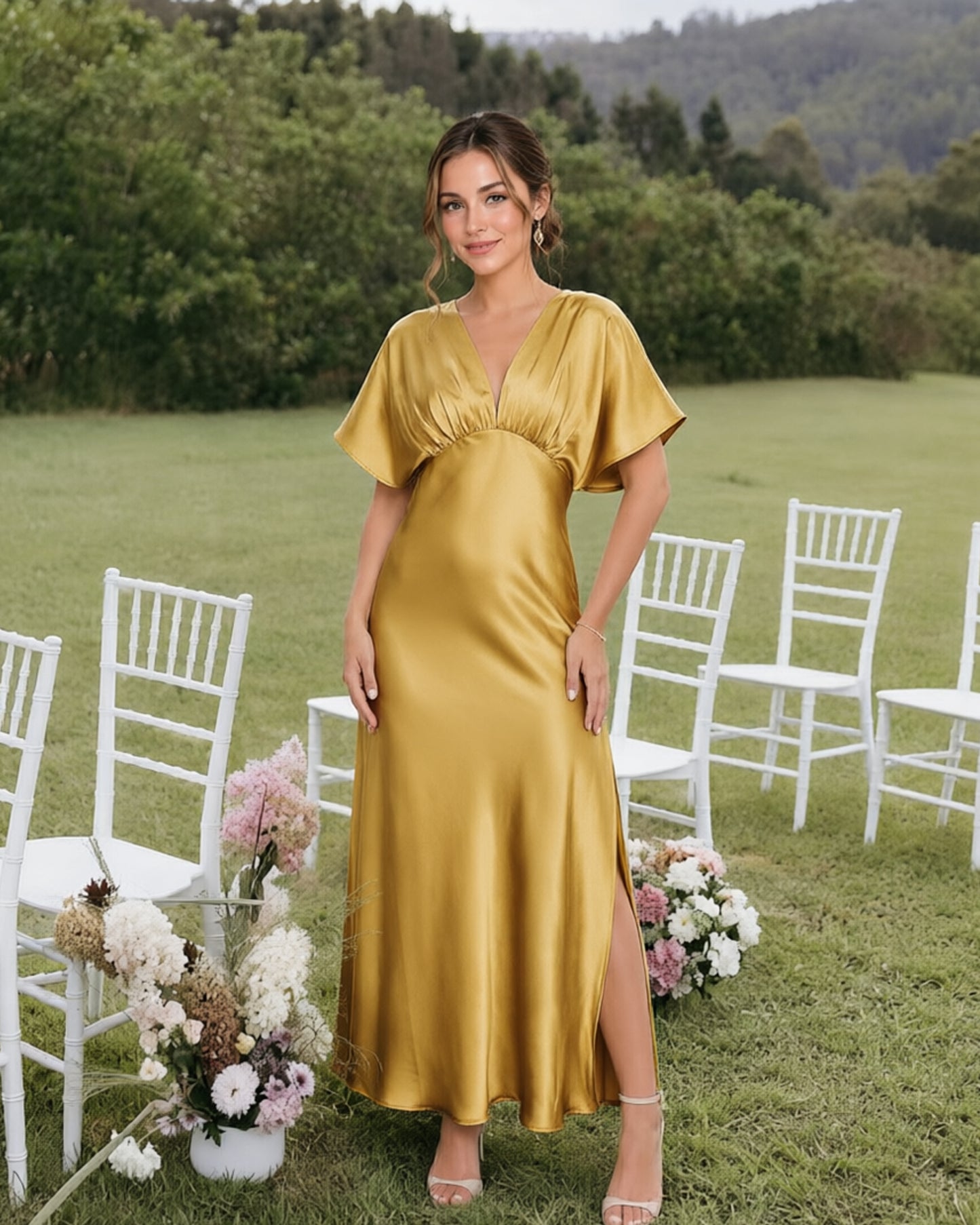 Empire Waist Satin Bridesmaid Dress with Flutter Sleeves and Side Slit