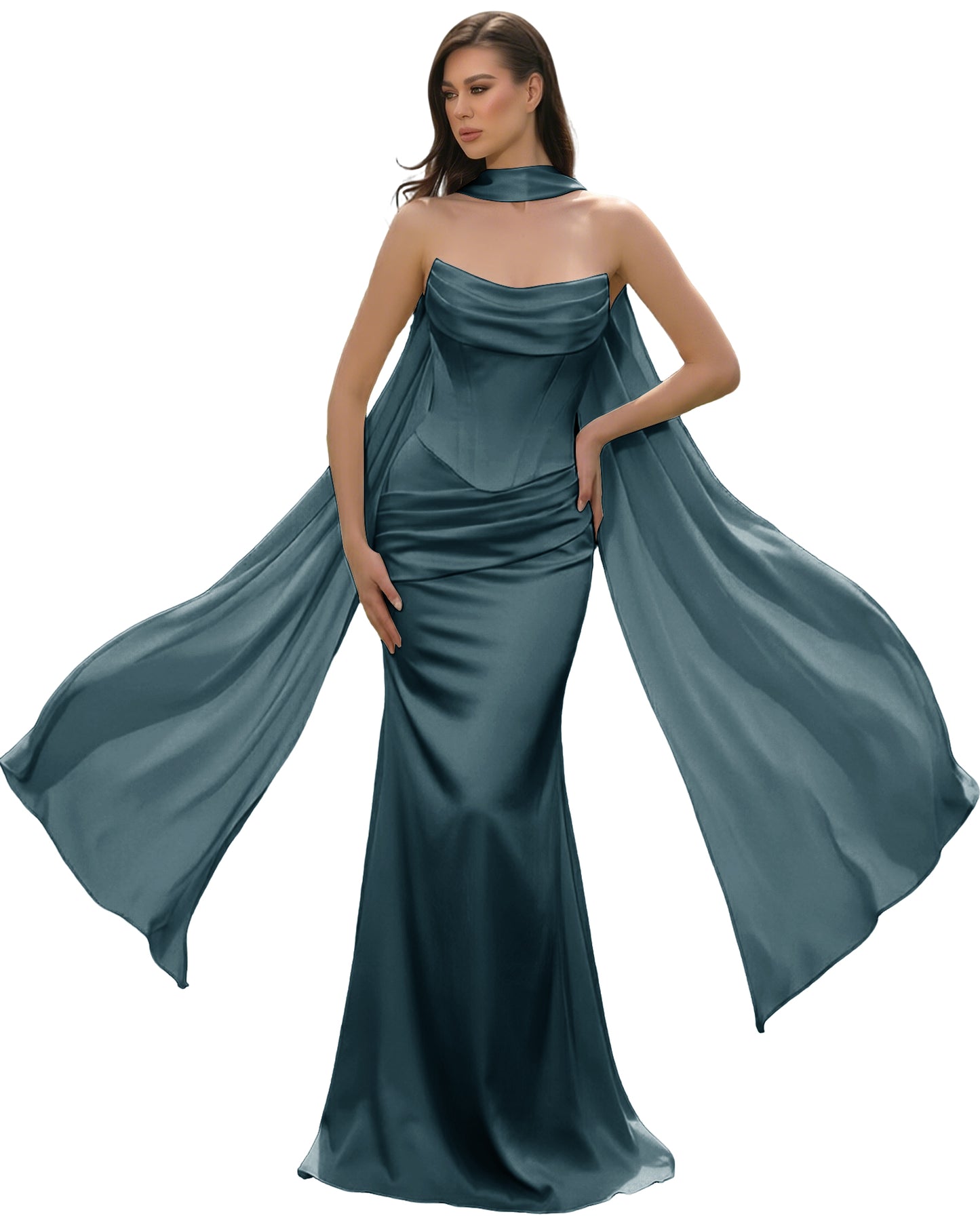 Satin Corset Mermaid Bridesmaid Dress with Cowl Neck and Dramatic Scarf