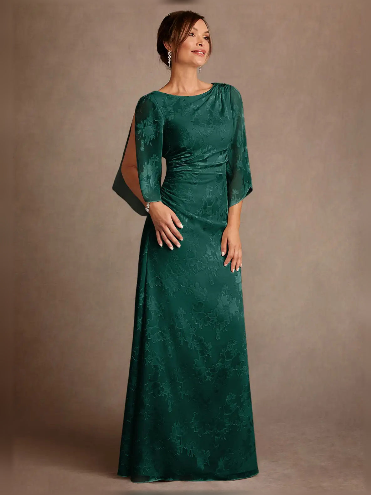 Ruched Draped Floral Bateau Neck Column Floor-Length Mother of the Bride Dress for Wedding Dinner