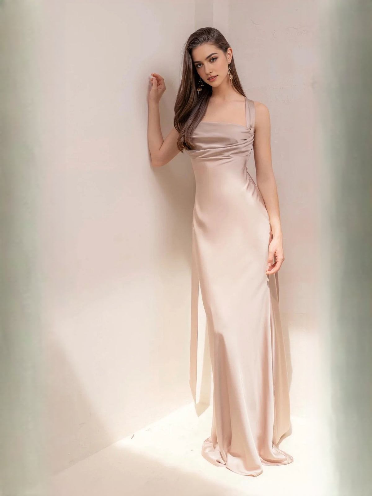 Draped Cowl Neck Sheath Maxi Satin Prom Dress for Celebration Dinner