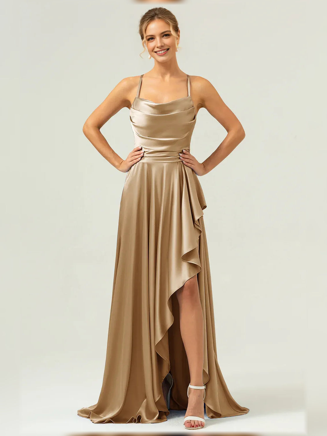 Cowl Neck Ruffles Slit Floor-Length Graceful Formal Dress