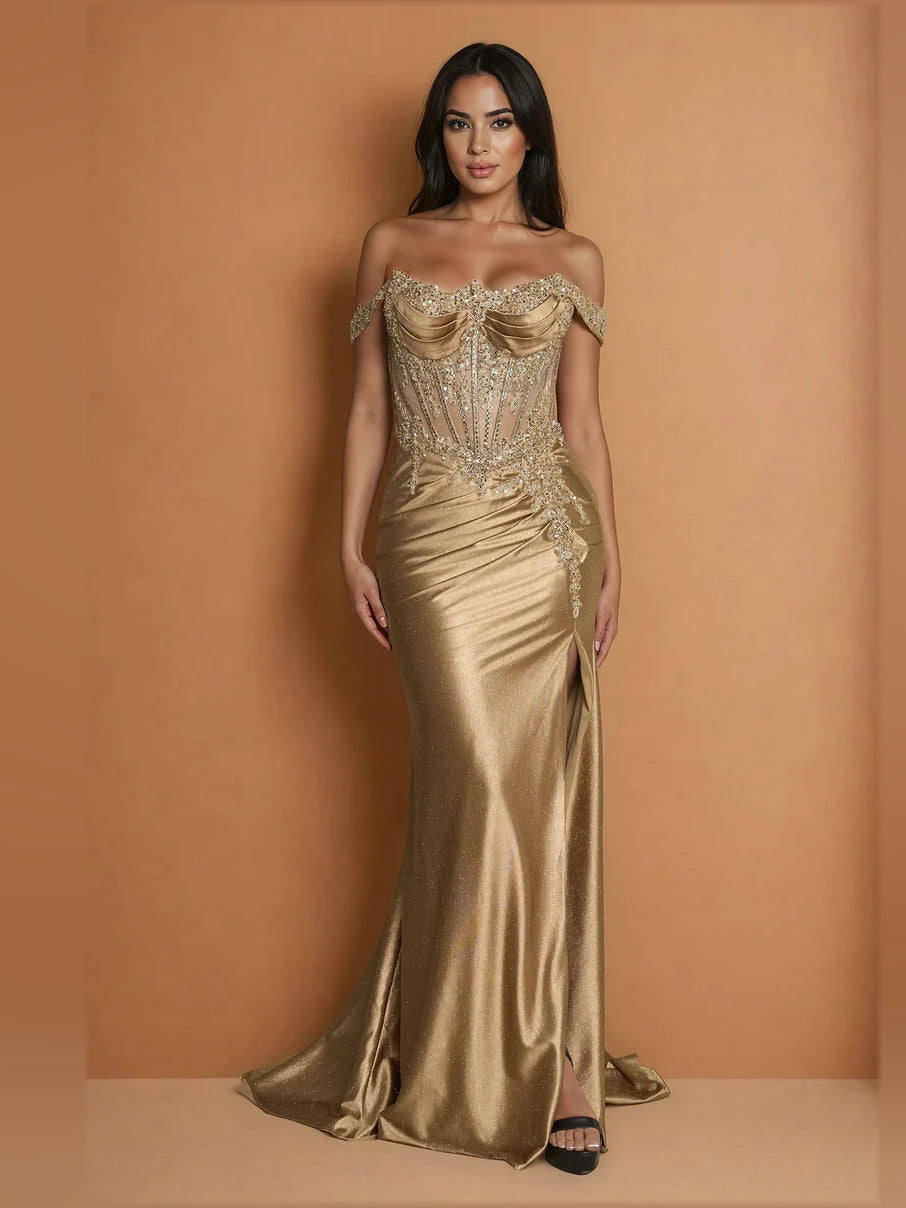 Corset Beaded Slit Off Shoulder Mermaid Floor-Length Satin Prom Dress for Spring Formal