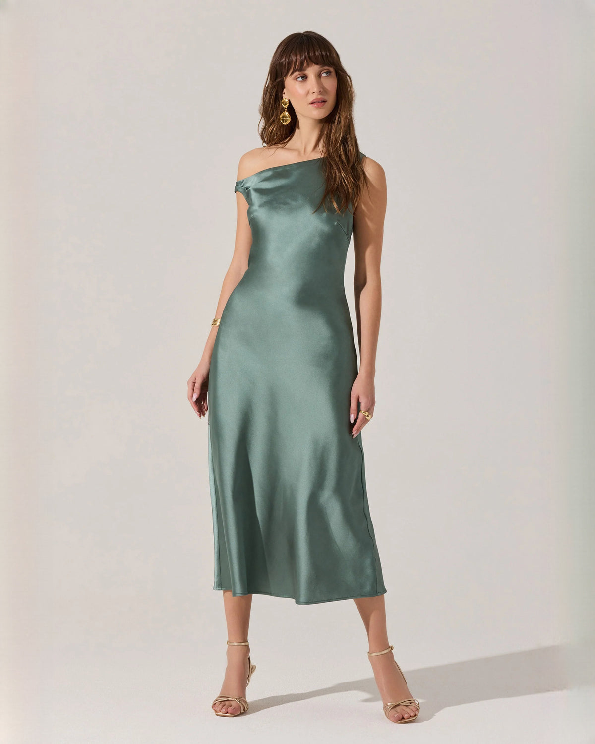 Refined Wedding Celebration Off-Shoulder Satin A-Line Midi Bridesmaid Dress