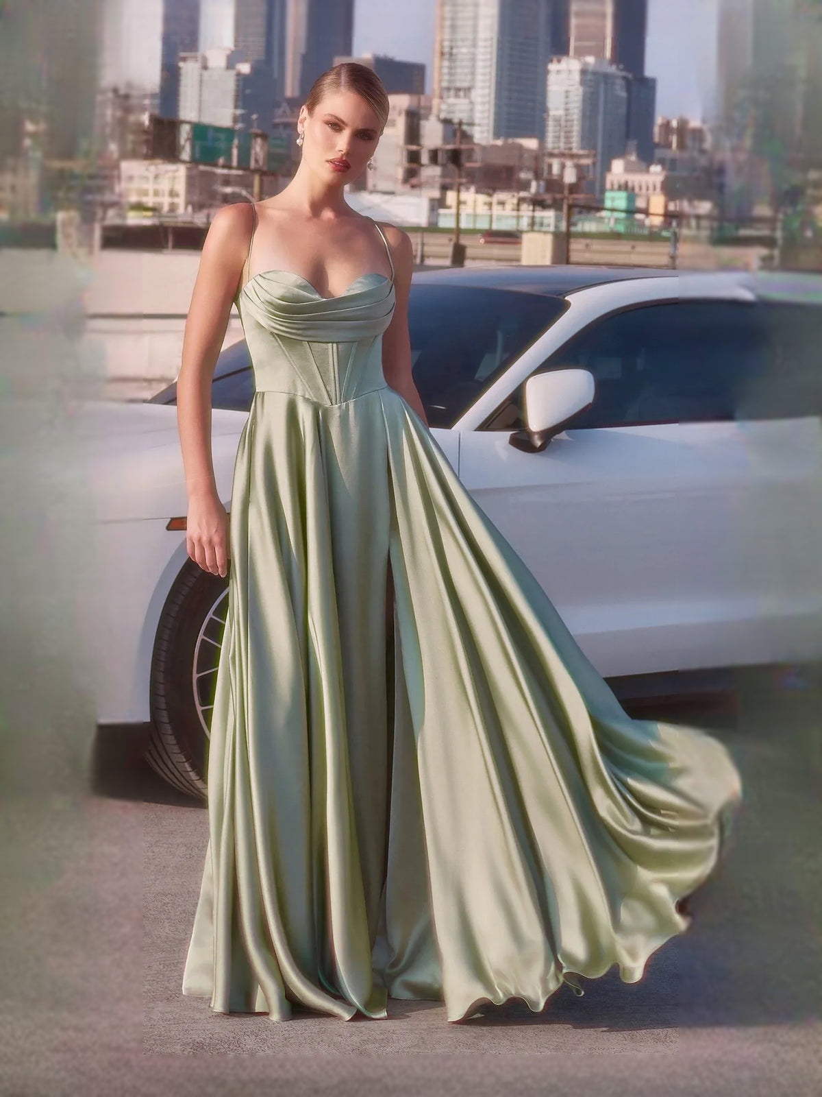 Ruched Corset Slit Sweetheart A-Line Floor-Length Satin Prom Dress for Charity Ball