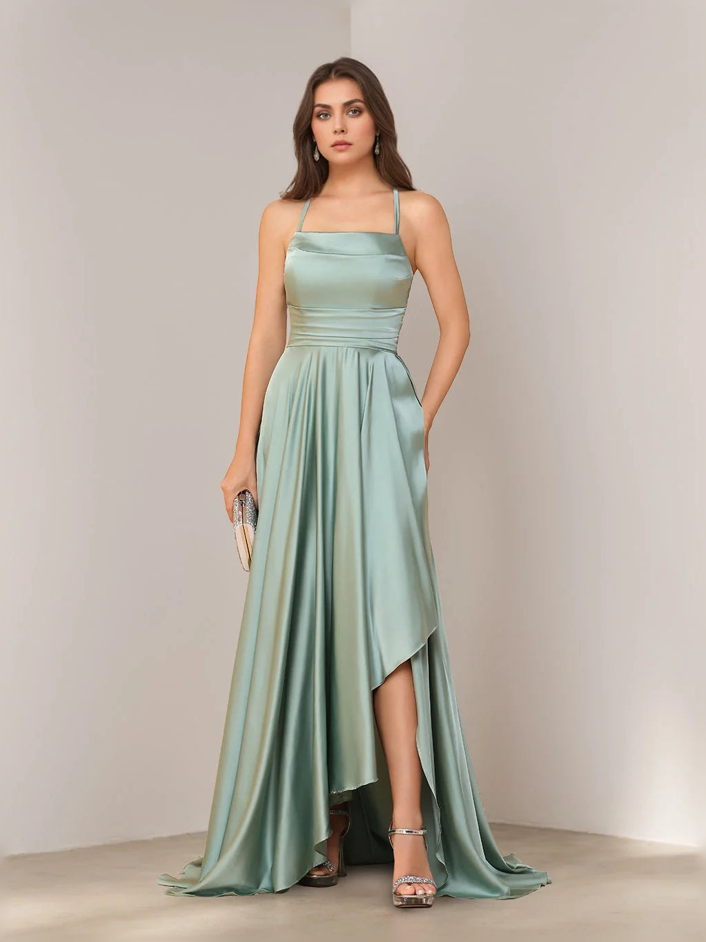 Straight Across A-Line Floor-Length Satin Bridesmaid Dress for Formal Wedding