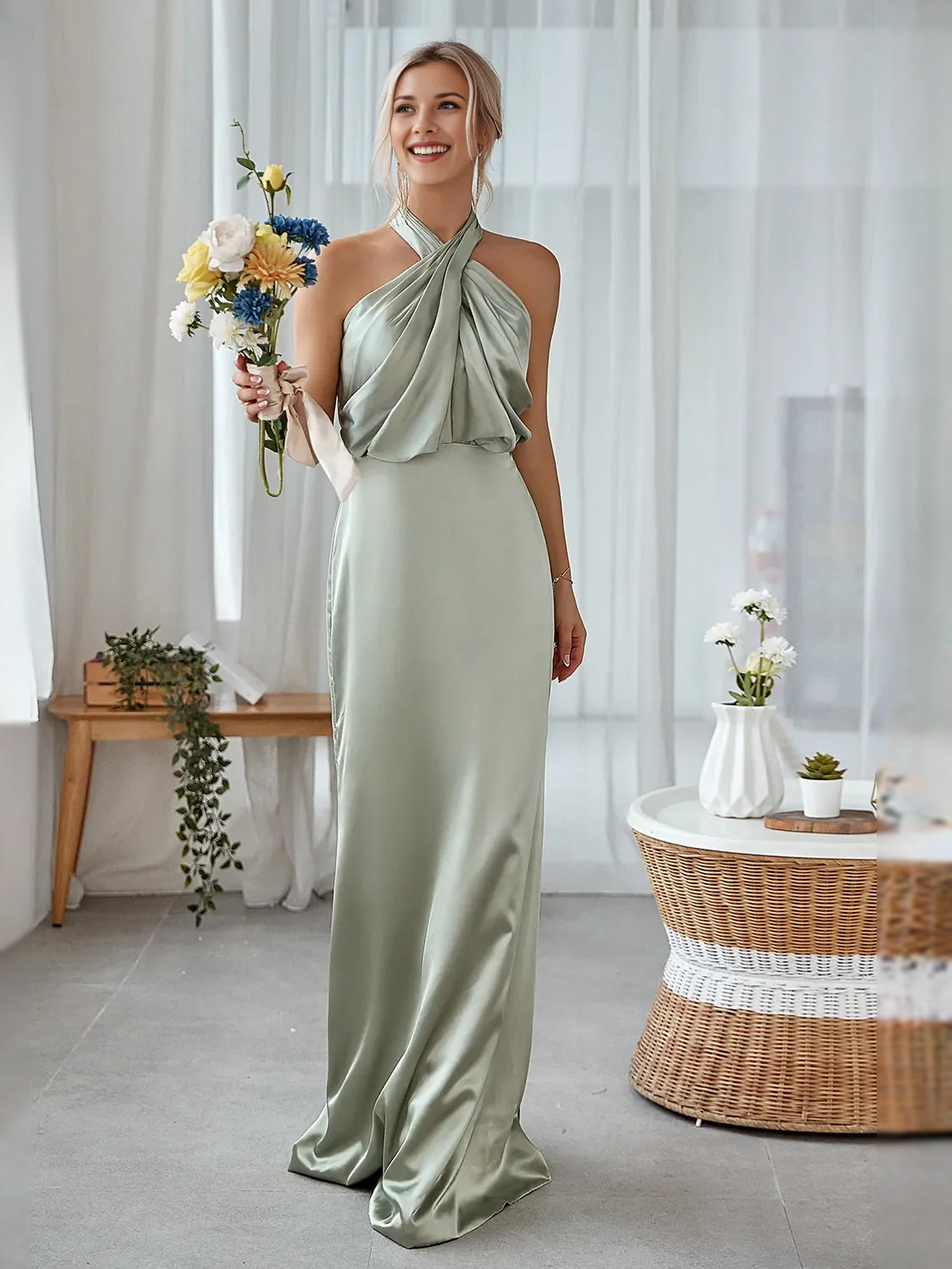 Draped Cut-Out Halter Neck Mermaid Floor-Length Satin Bridesmaid Dress for Estate Wedding