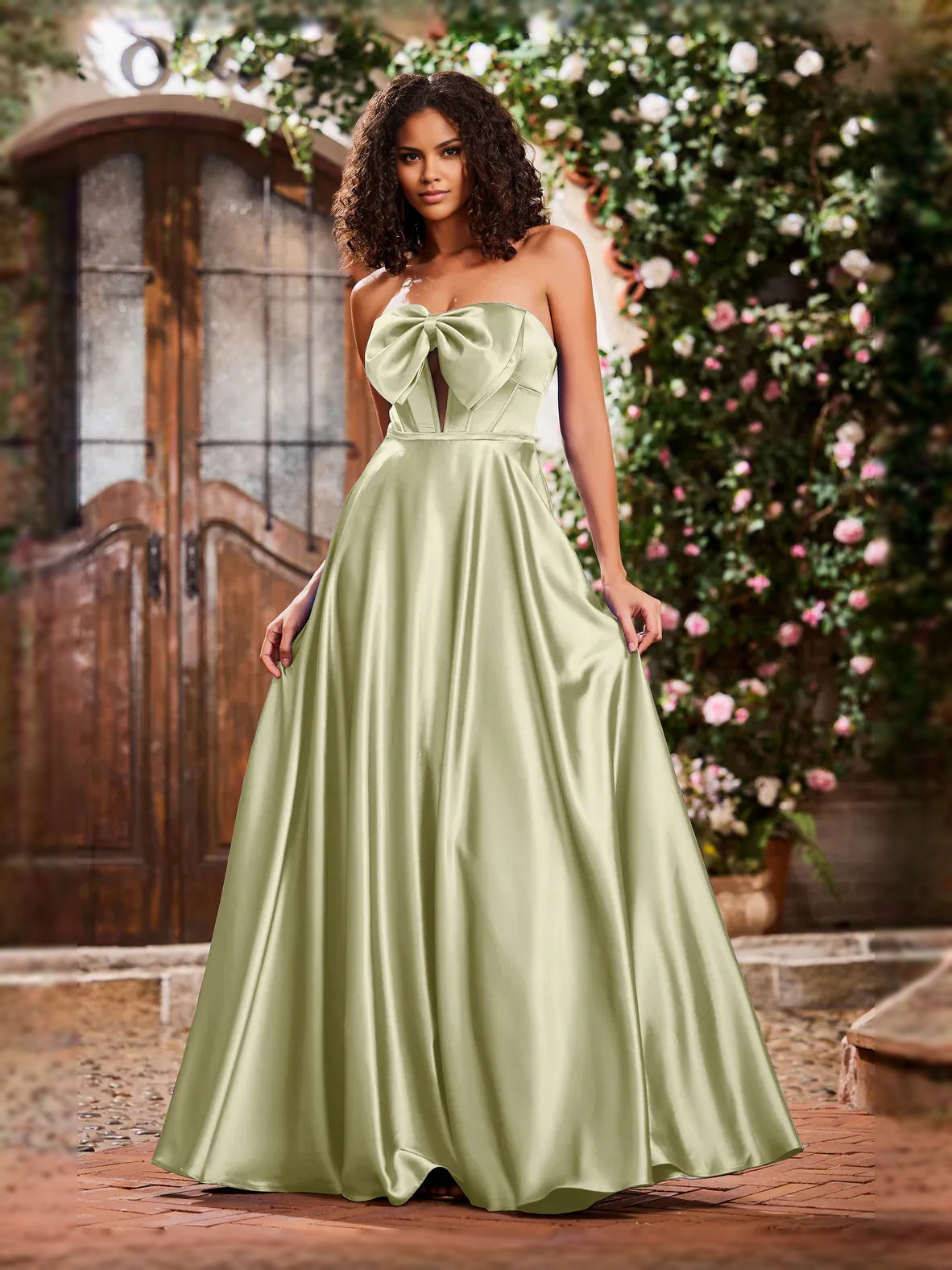 Corset Bow Sweetheart A-Line Maxi Satin Prom Dress for Gala