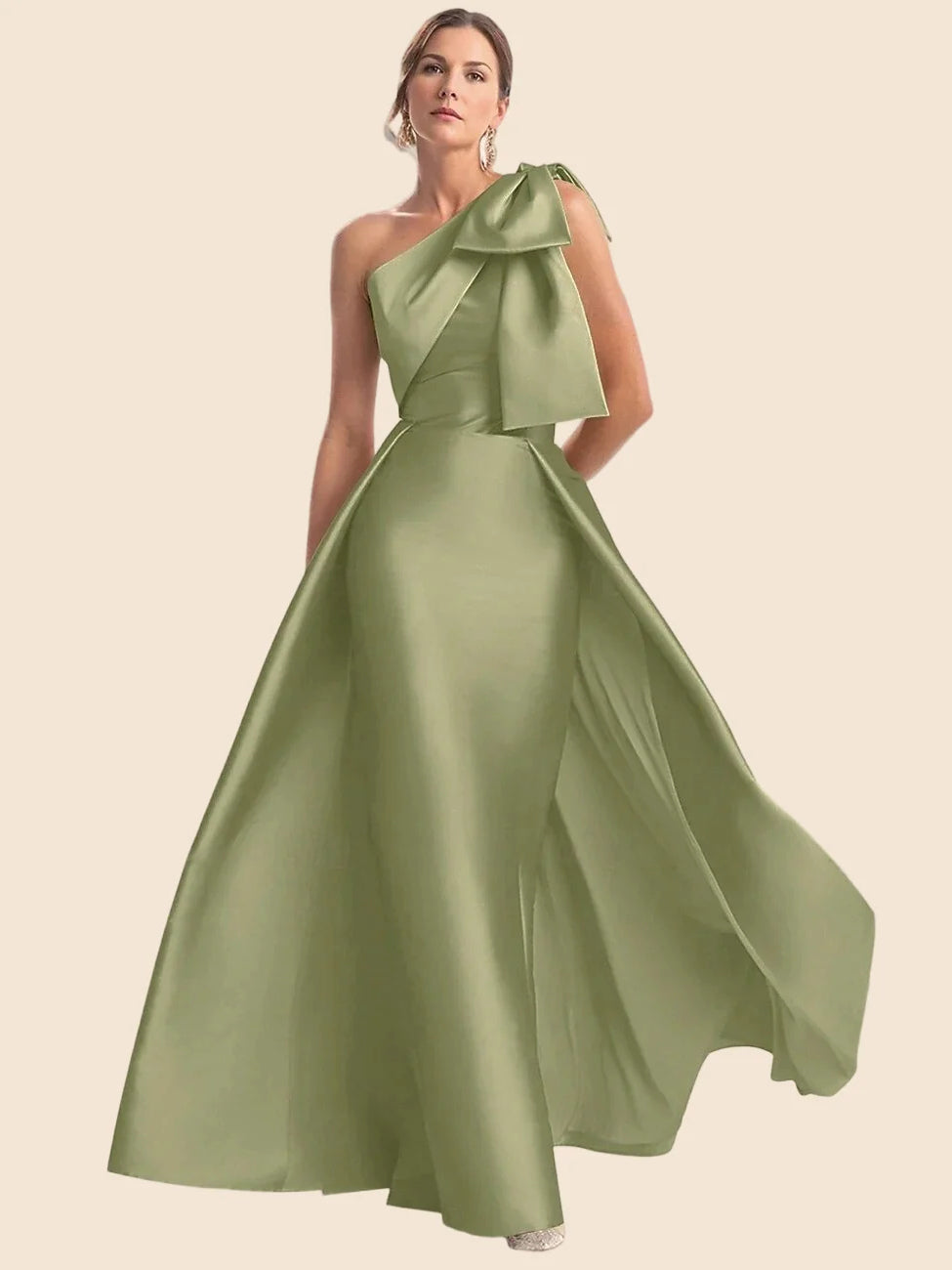 Bow Asymmetrical Neck A-Line Floor-Length Satin Prom Dress for Hotel Gala