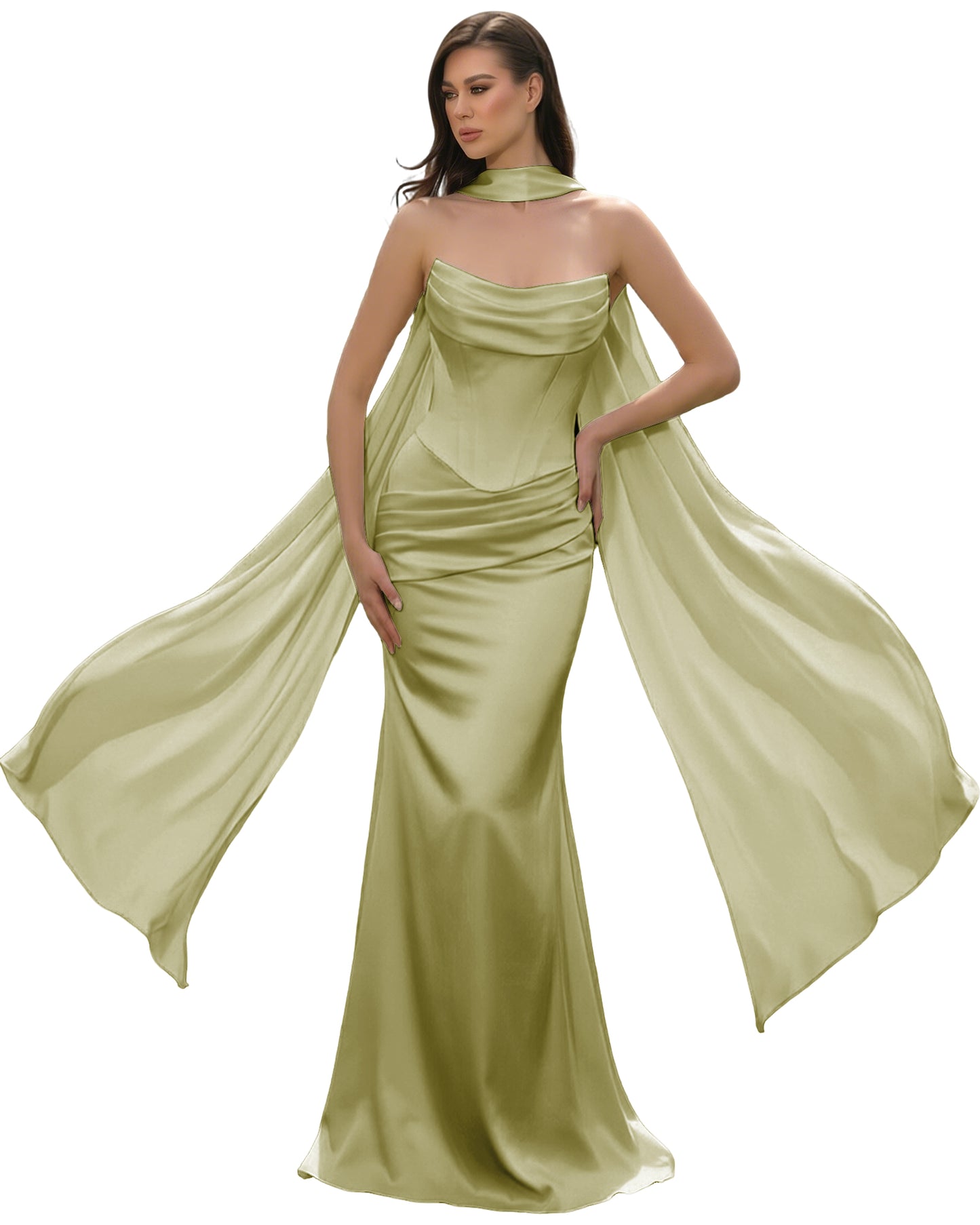 Satin Corset Mermaid Bridesmaid Dress with Cowl Neck and Dramatic Scarf