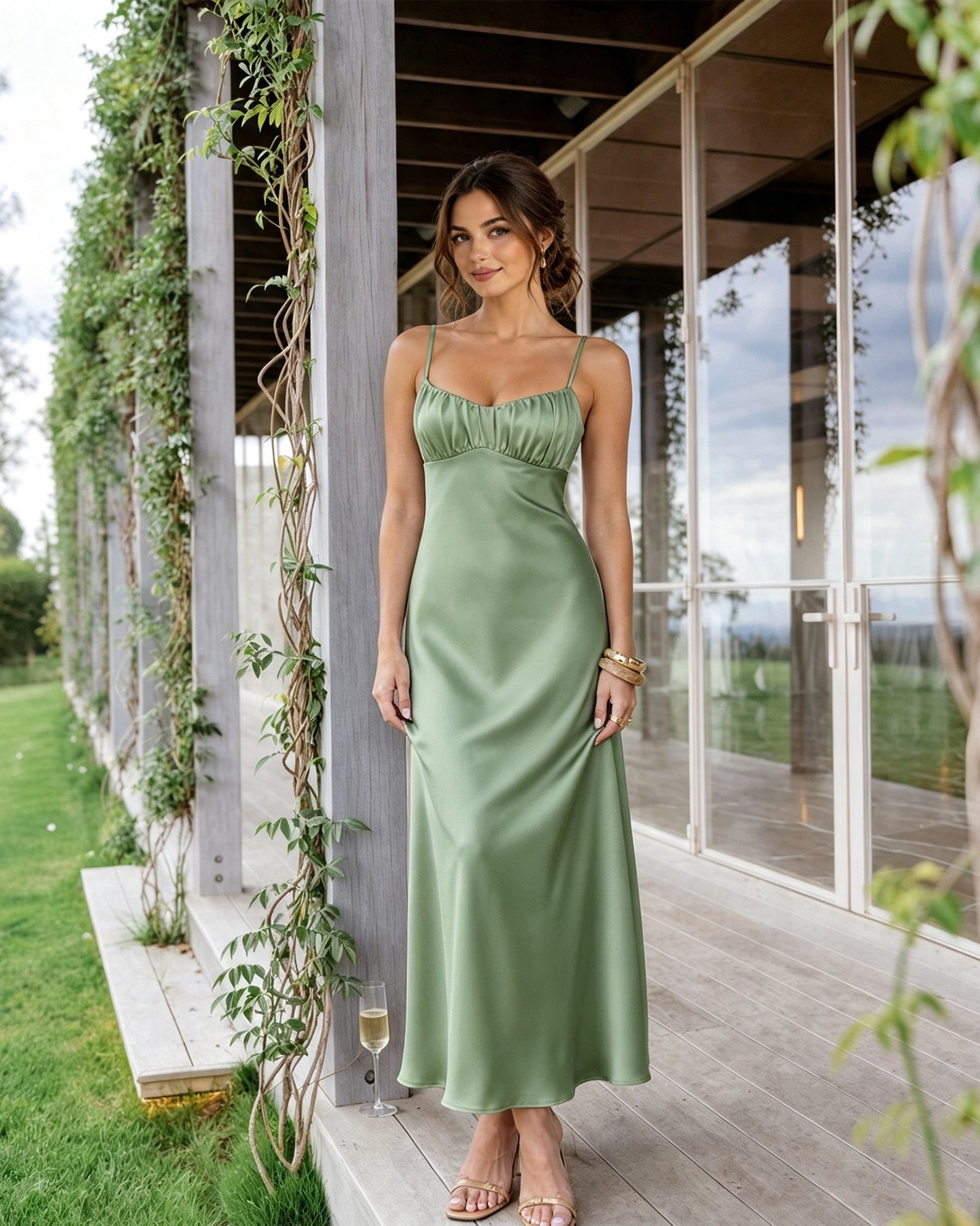 Spaghetti Strap Ruched Bust Satin Bridesmaid Dress with Tie-Back