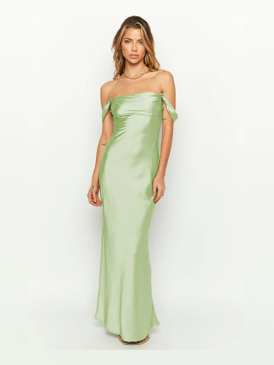 Ruched Draped Off Shoulder A-Line Maxi Satin Prom Dress for Spring Formal