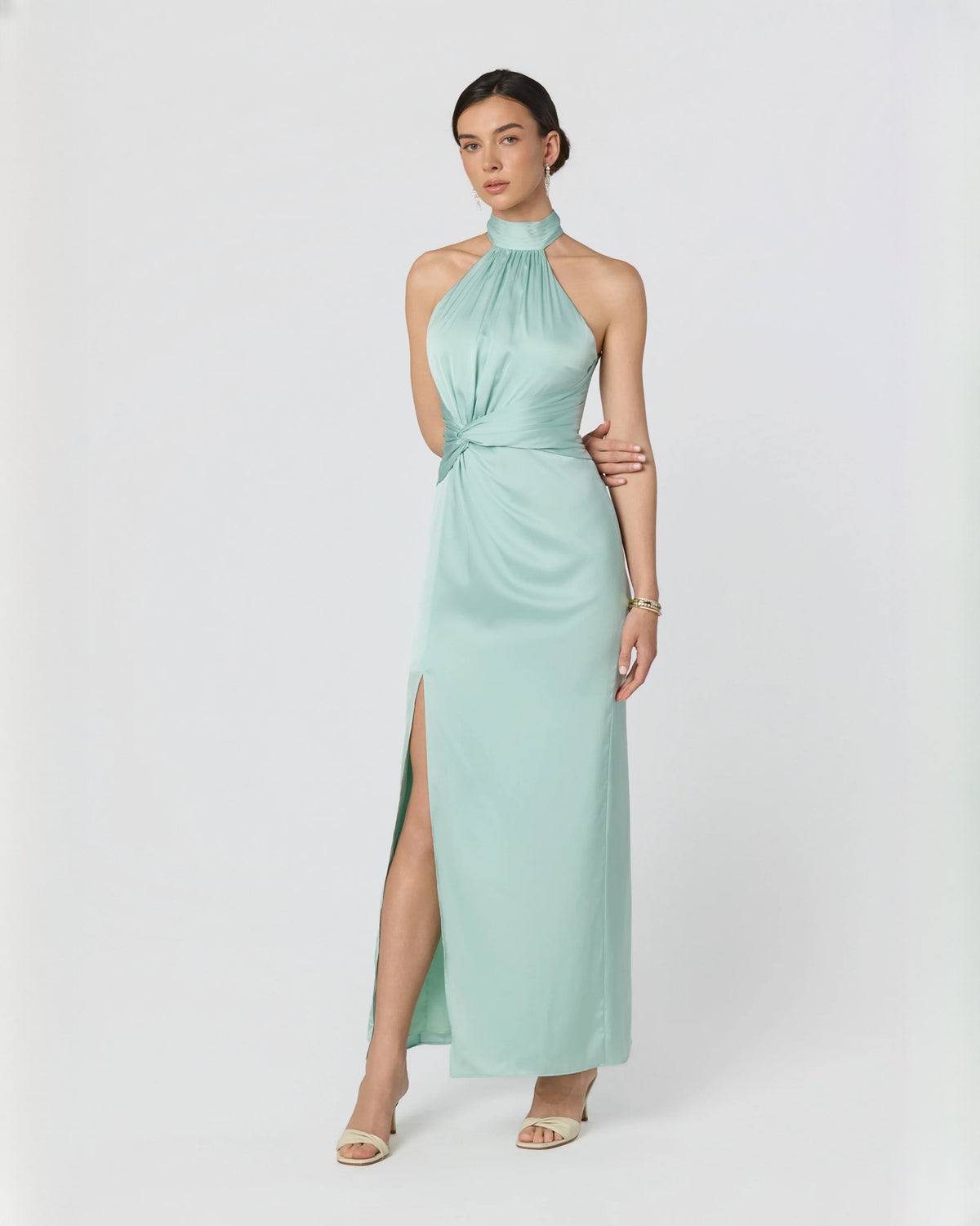 Graceful Formal Evening Halter Neck Satin A-Line Maxi Bridesmaid Dress