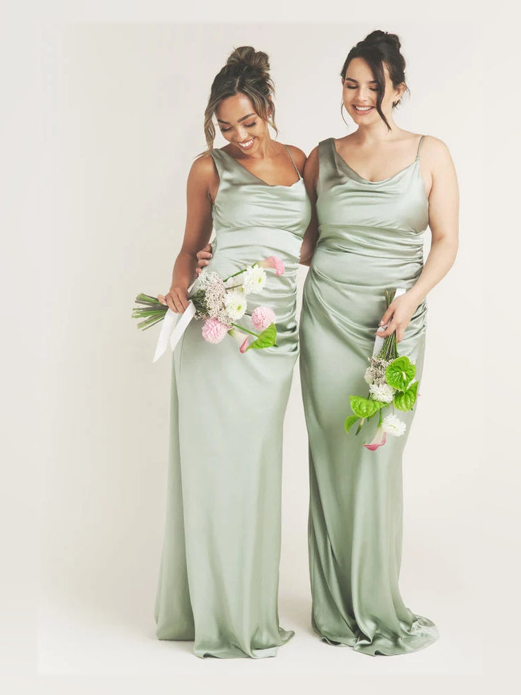One Shoulder Sheath Maxi Satin Bridesmaid Dress for Bridal Party