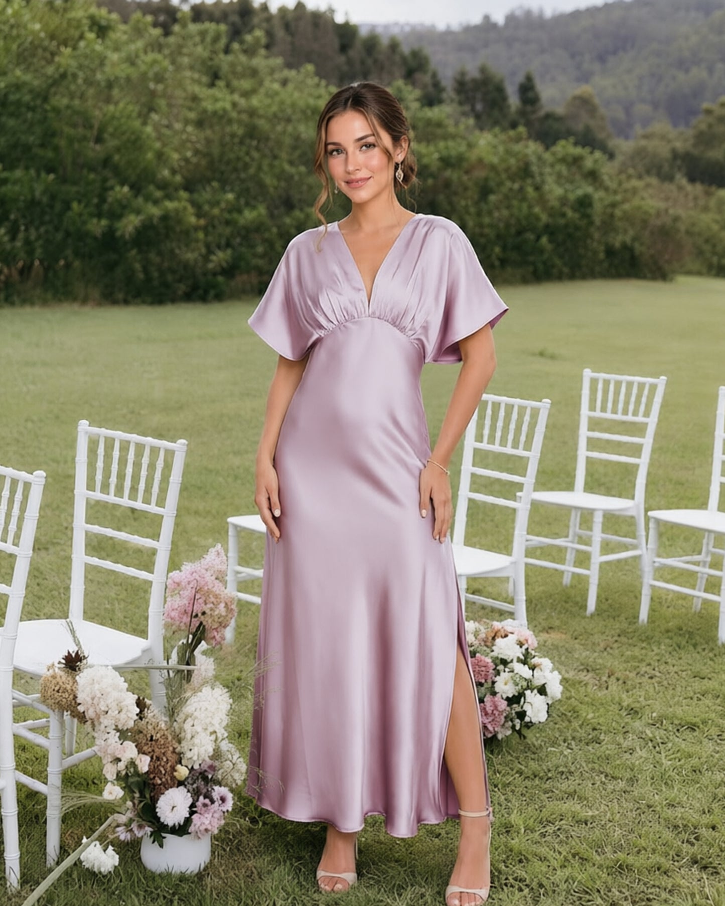 Empire Waist Satin Bridesmaid Dress with Flutter Sleeves and Side Slit