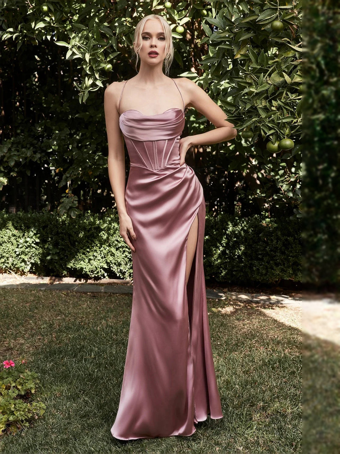 Draped Corset Slit Cowl Neck Wrap Floor-Length Satin Prom Dress for Evening Banquet