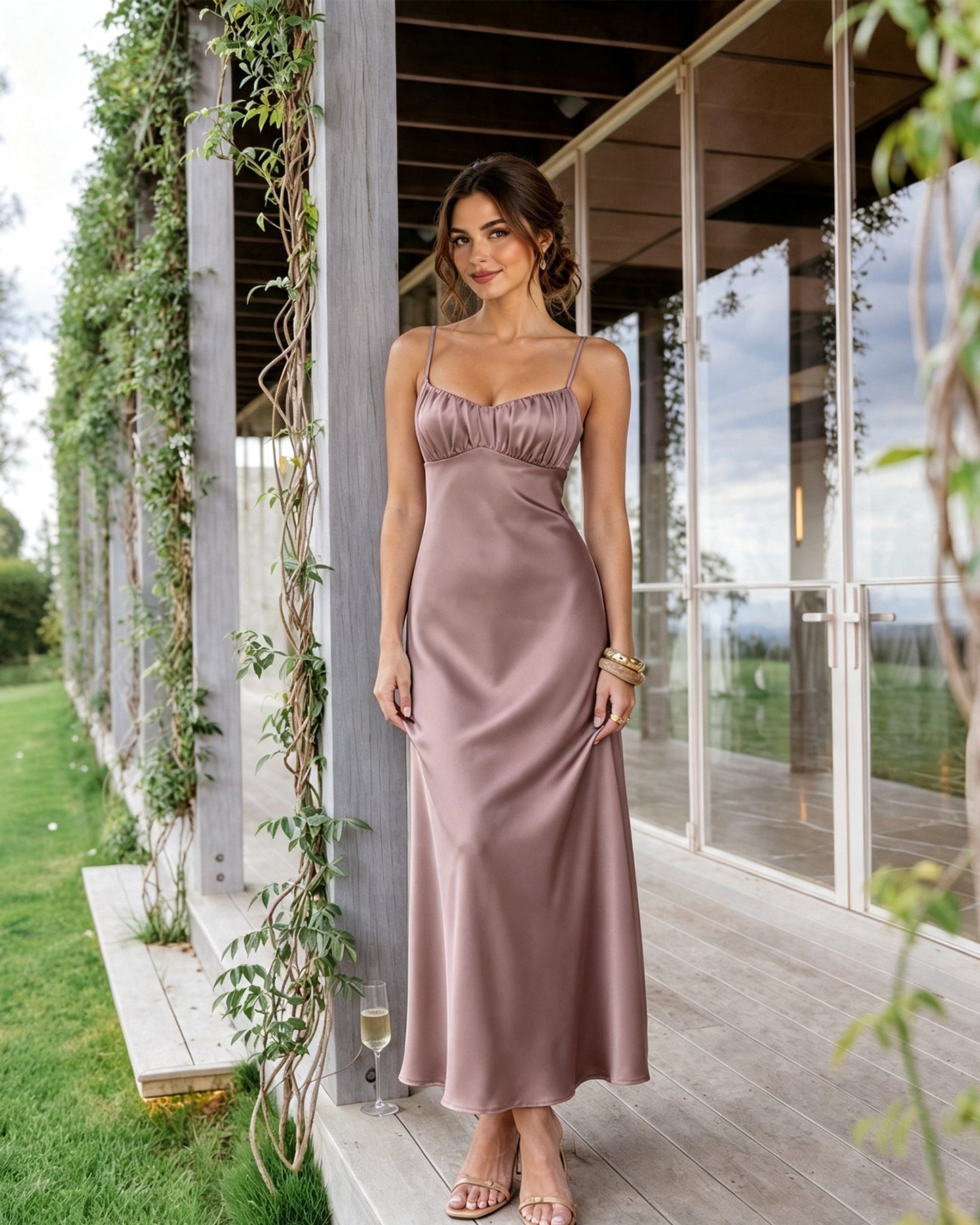 Spaghetti Strap Ruched Bust Satin Bridesmaid Dress with Tie-Back