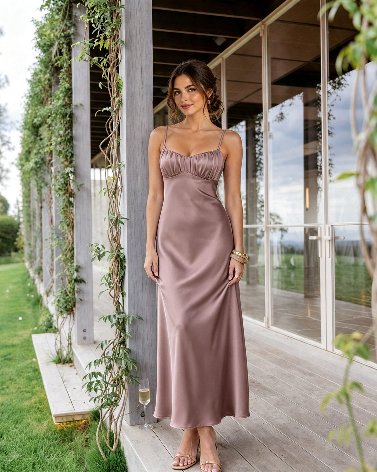 Spaghetti Strap Ruched Bust Satin Bridesmaid Dress with Tie-Back