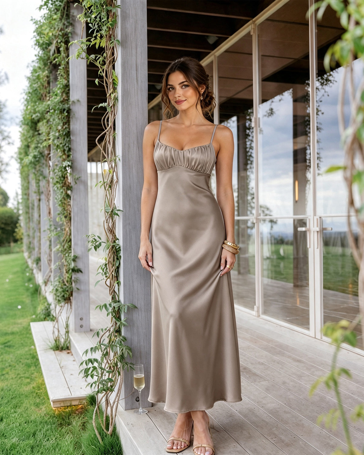 Spaghetti Strap Ruched Bust Satin Bridesmaid Dress with Tie-Back