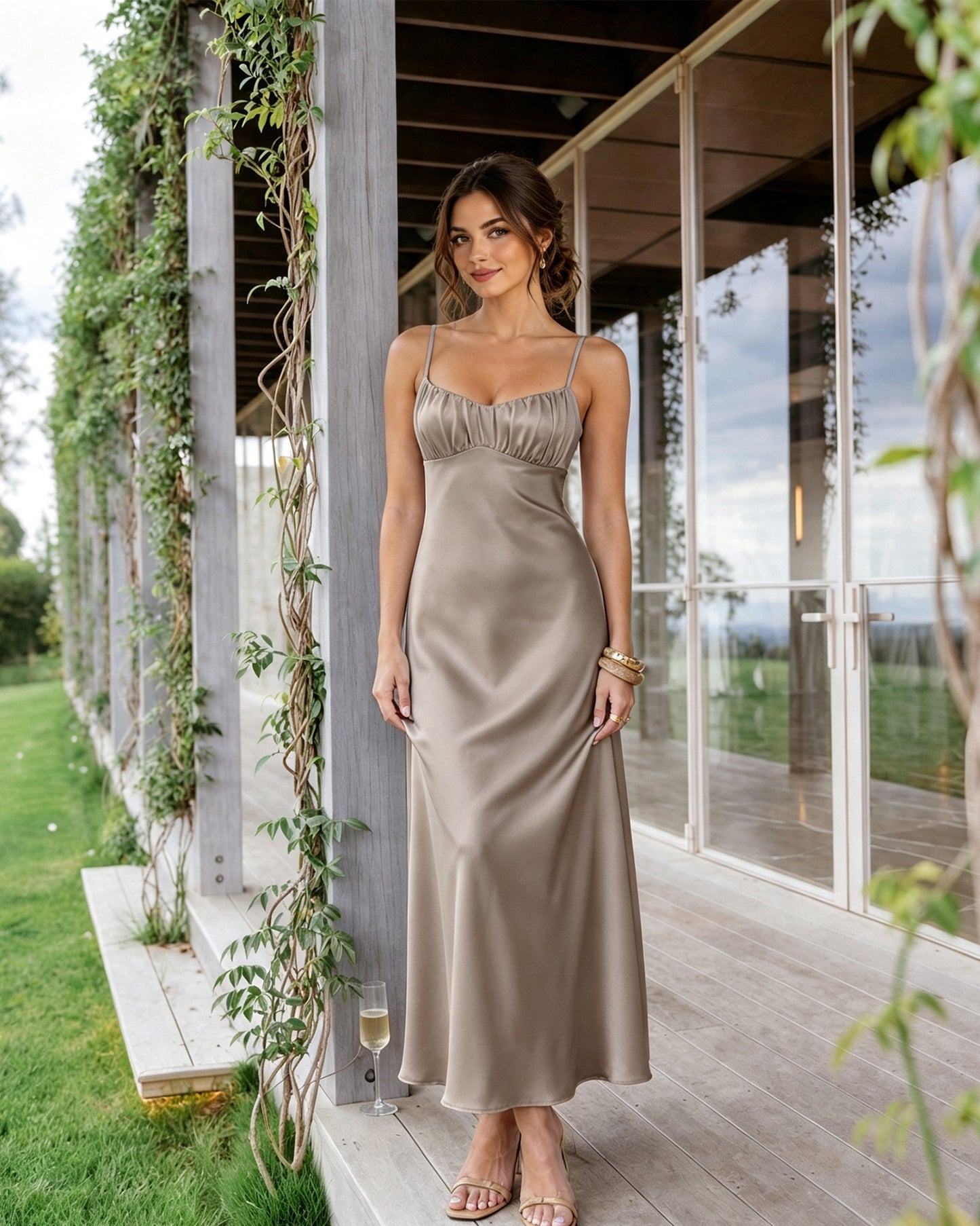 Spaghetti Strap Ruched Bust Satin Bridesmaid Dress with Tie-Back