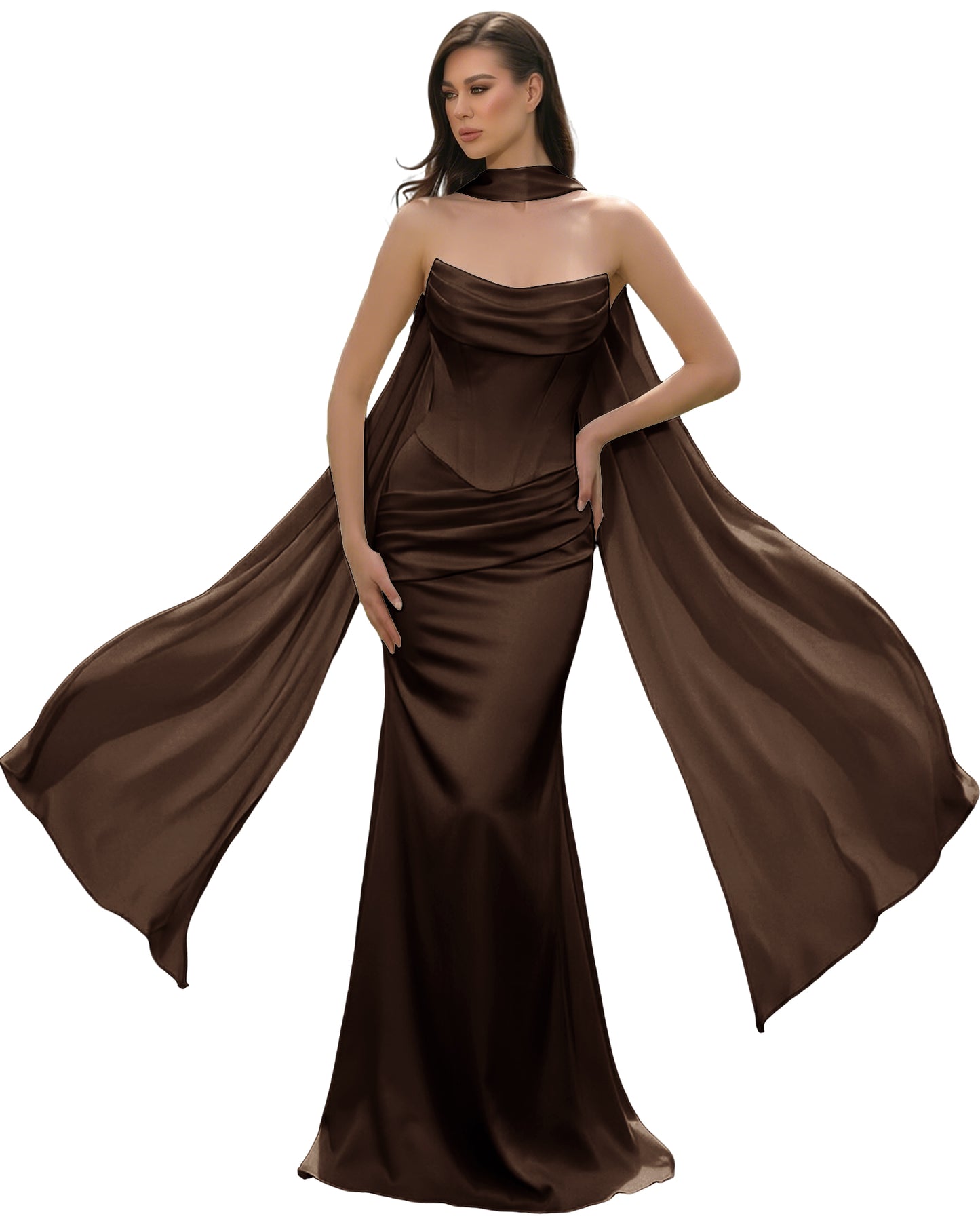 Satin Corset Mermaid Bridesmaid Dress with Cowl Neck and Dramatic Scarf