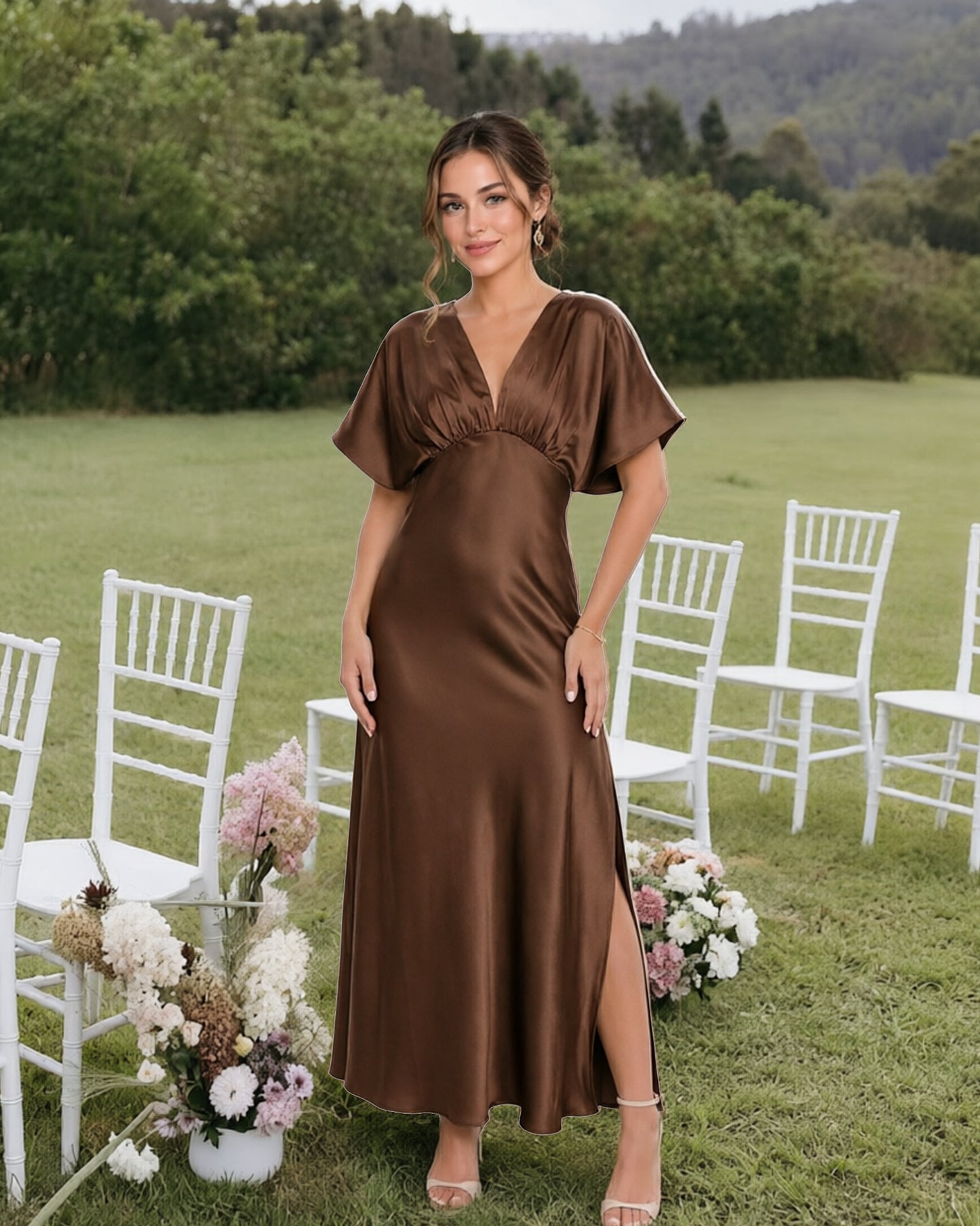 Empire Waist Satin Bridesmaid Dress with Flutter Sleeves and Side Slit