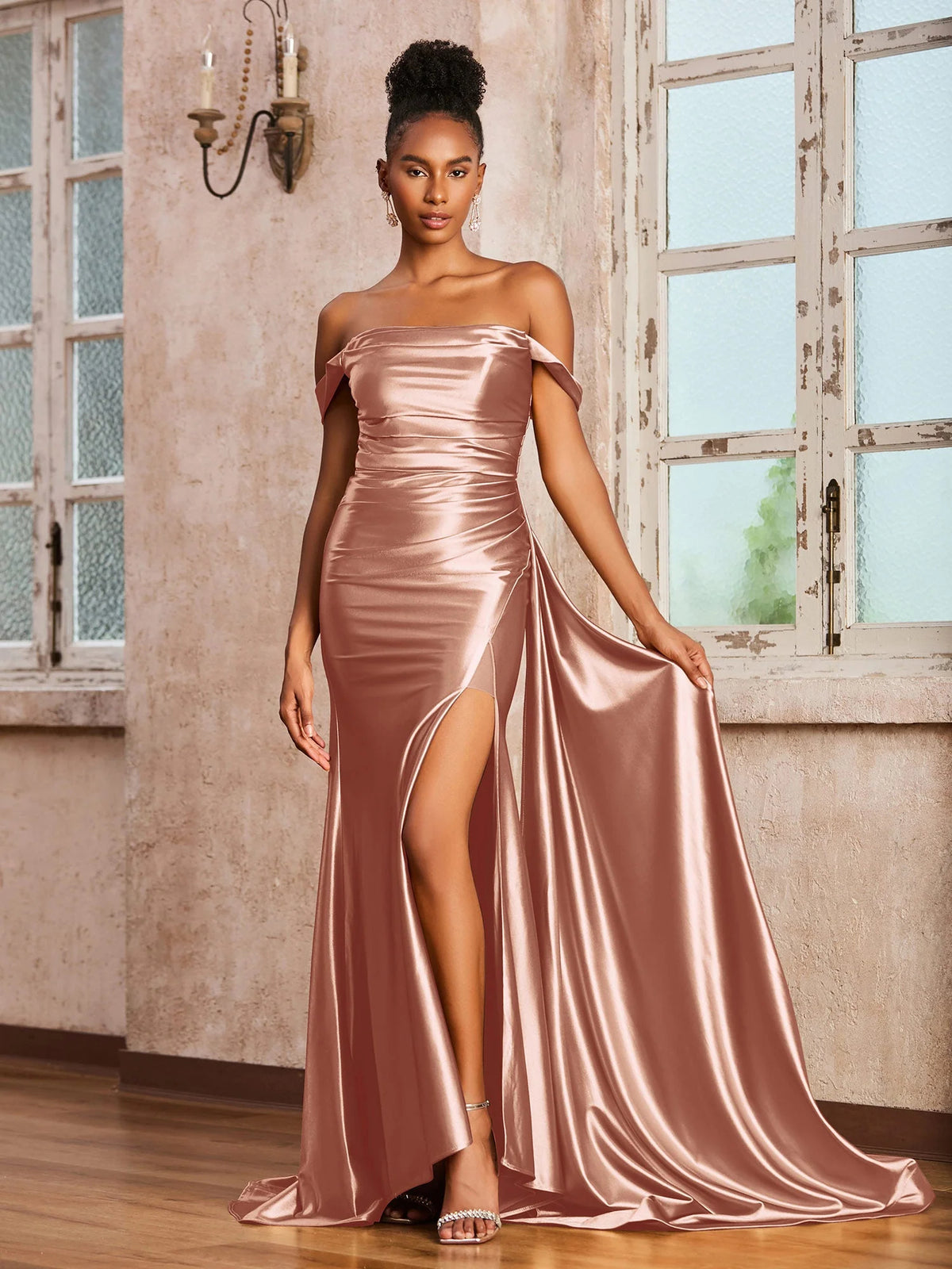 Off-The-Shoulder Corset Ruching Floor-Length Satin Formal Dress