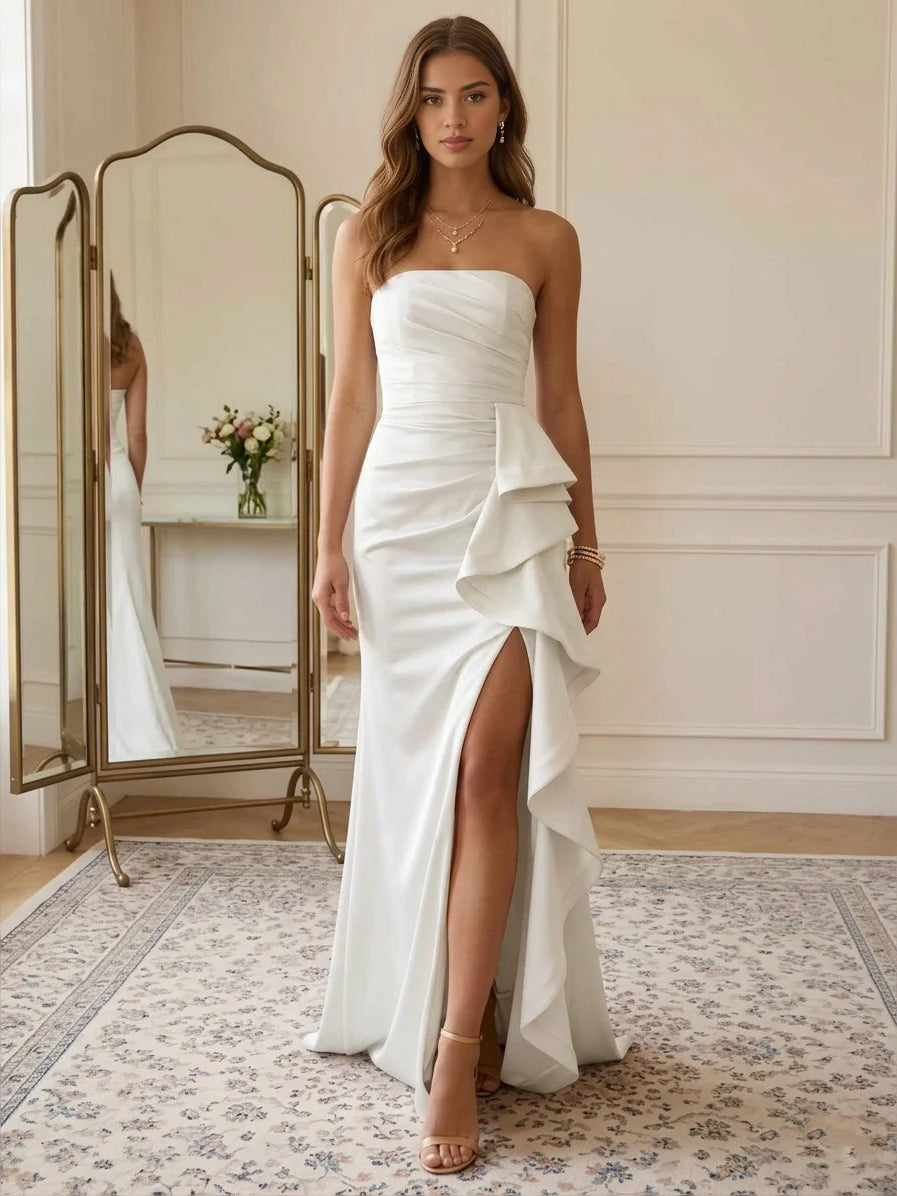 Ruched Front-Slit Ruffled Slit Strapless Mermaid Maxi Satin Prom Dress for Formal Dance