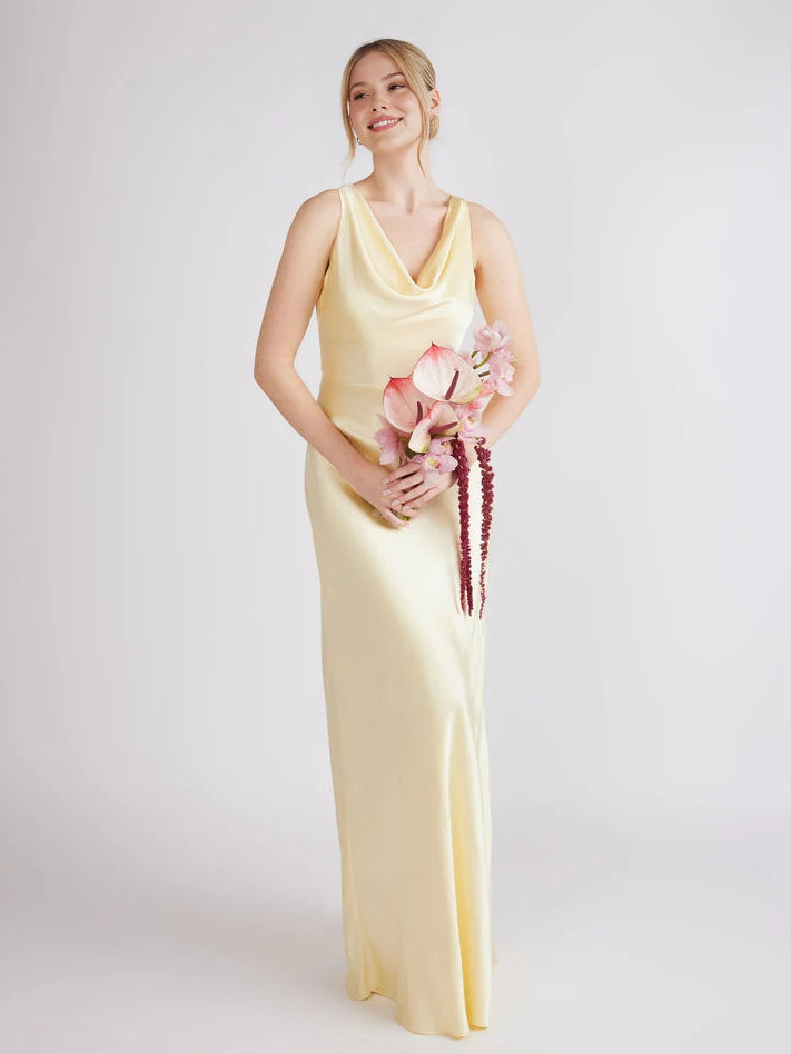 Cowl Neck Sheath Floor-Length Satin Bridesmaid Dress for Destination Wedding