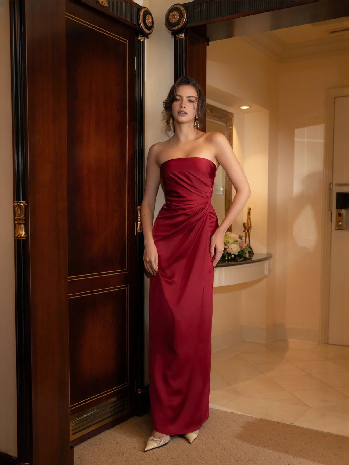 Ruched Strapless Sheath Maxi Satin Prom Dress for Pageant