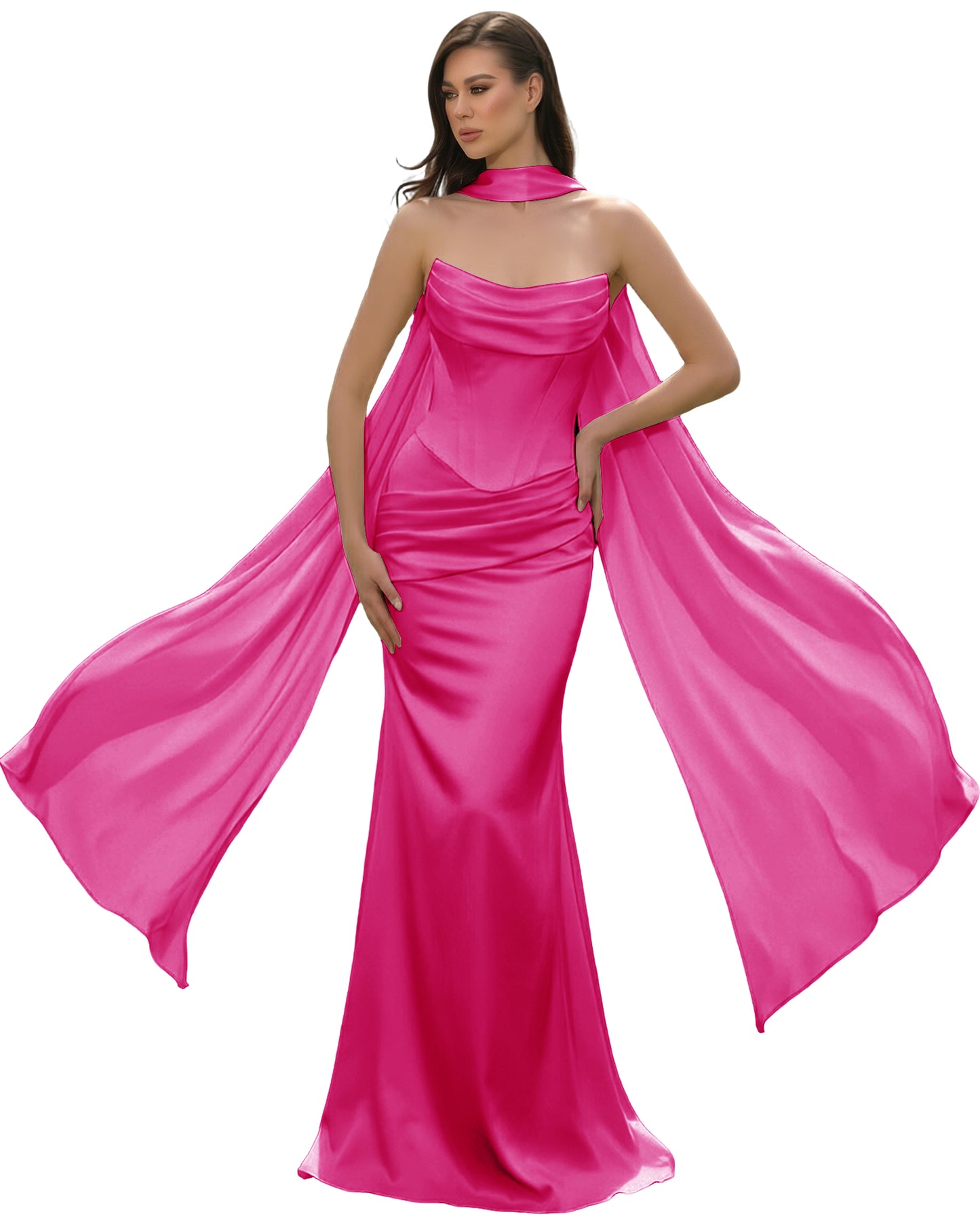Satin Corset Mermaid Bridesmaid Dress with Cowl Neck and Dramatic Scarf