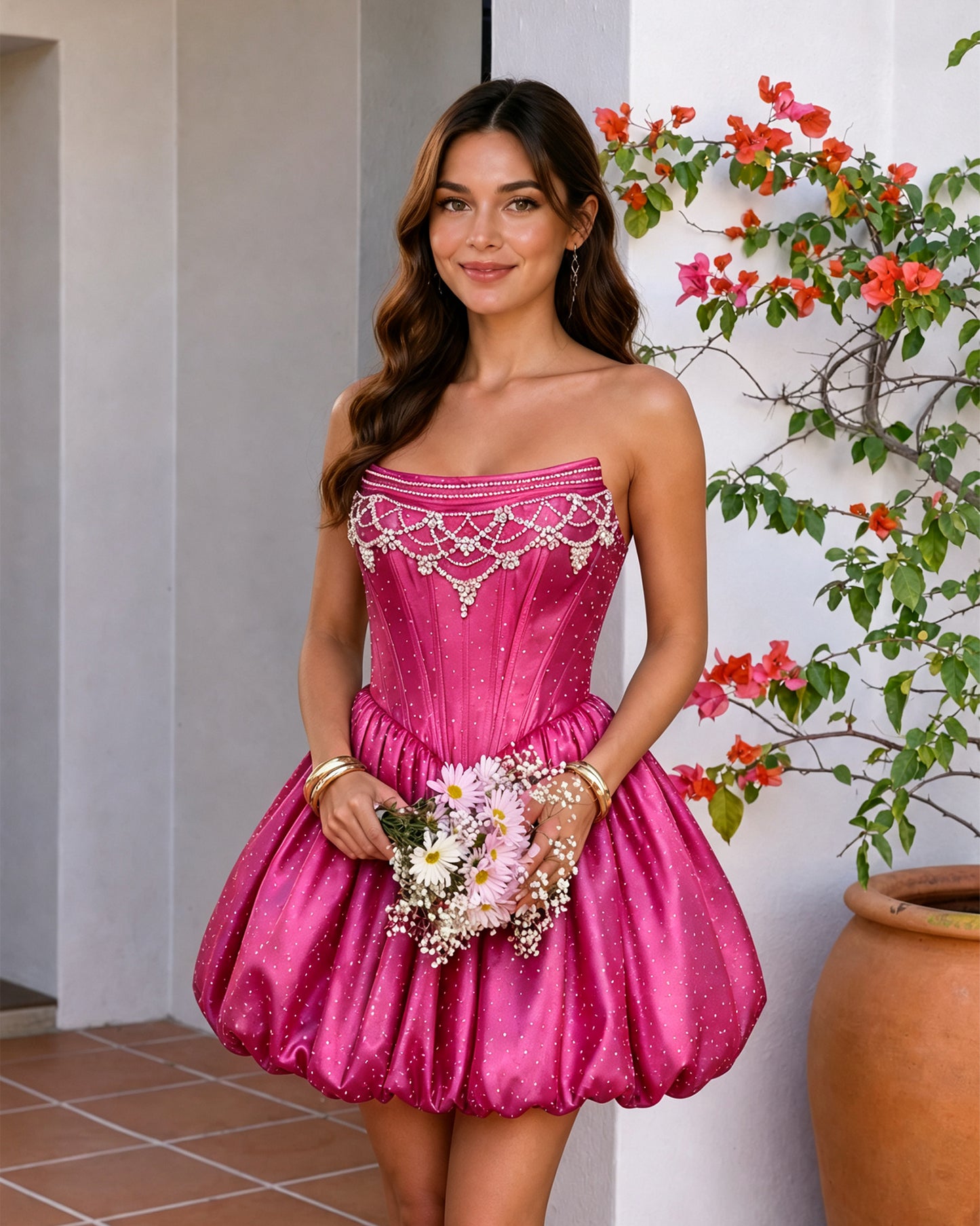 Strapless Beaded Corset Bubble Hem Homecoming Dress