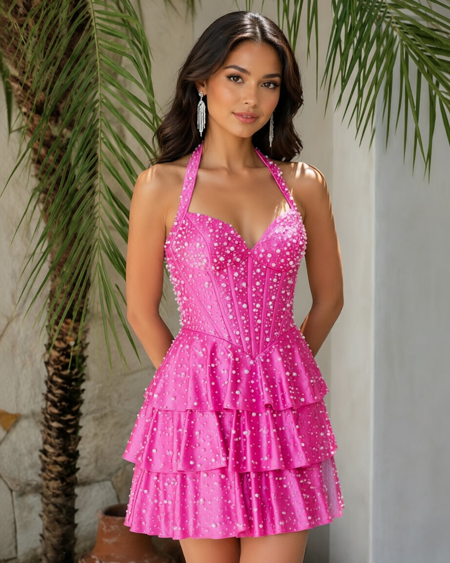 Halter Beaded Corset Tiered Homecoming Dress