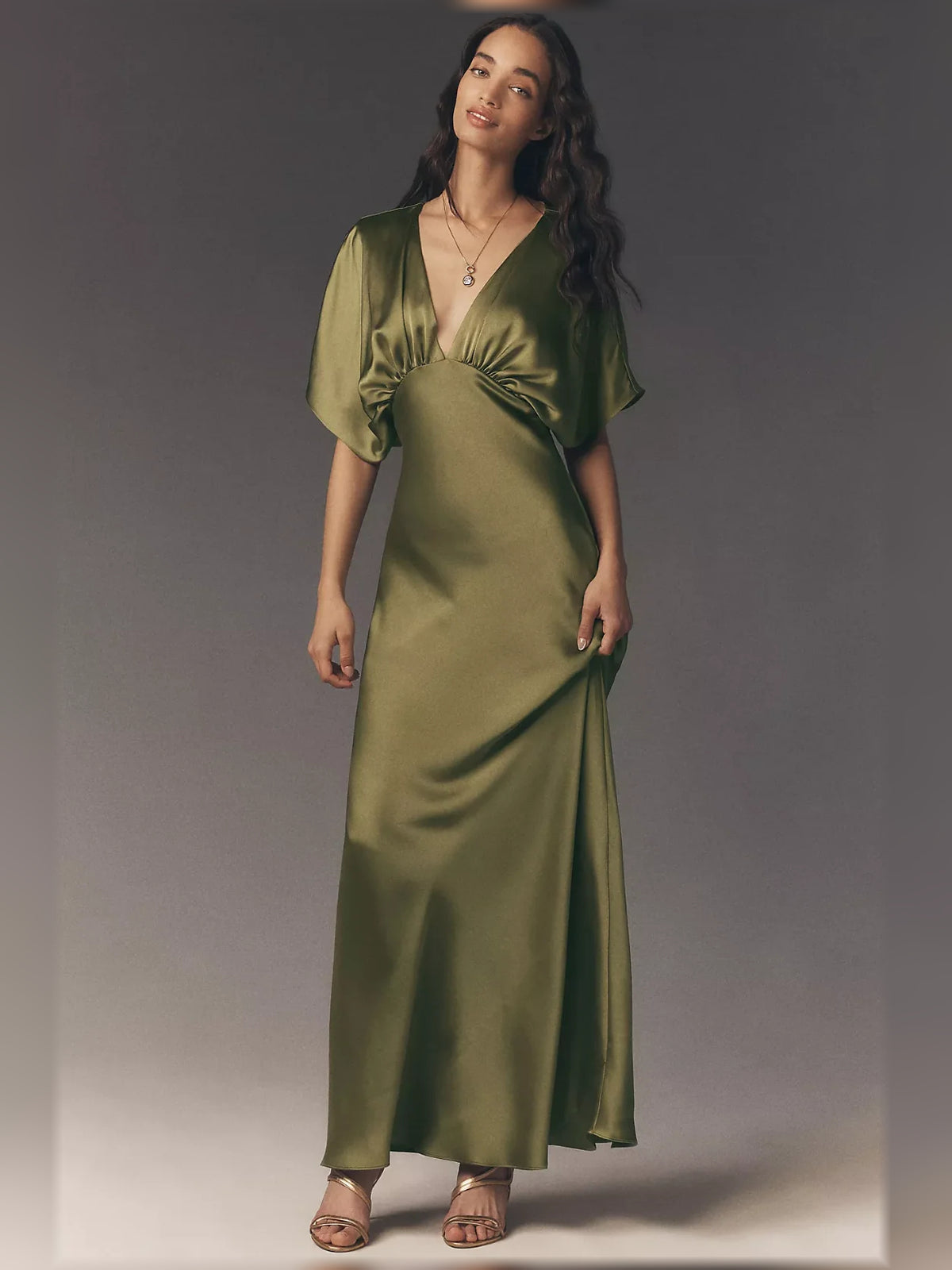 V Neck Column Maxi Satin Bridesmaid Dress for Garden Wedding