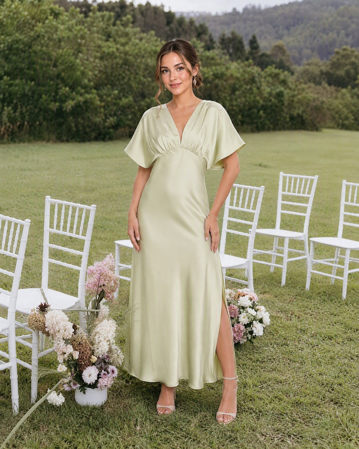 Empire Waist Satin Bridesmaid Dress with Flutter Sleeves and Side Slit