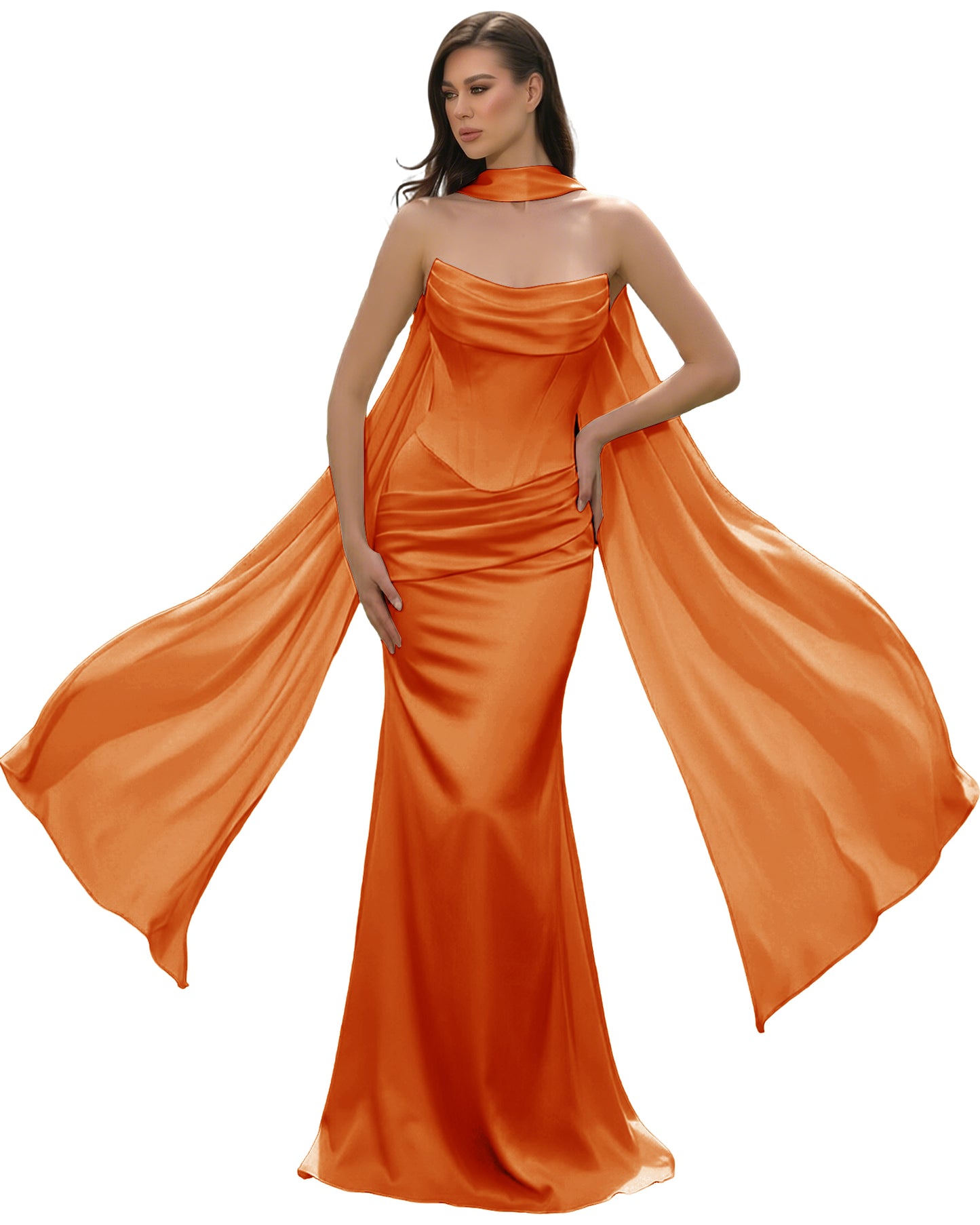Satin Corset Mermaid Bridesmaid Dress with Cowl Neck and Dramatic Scarf