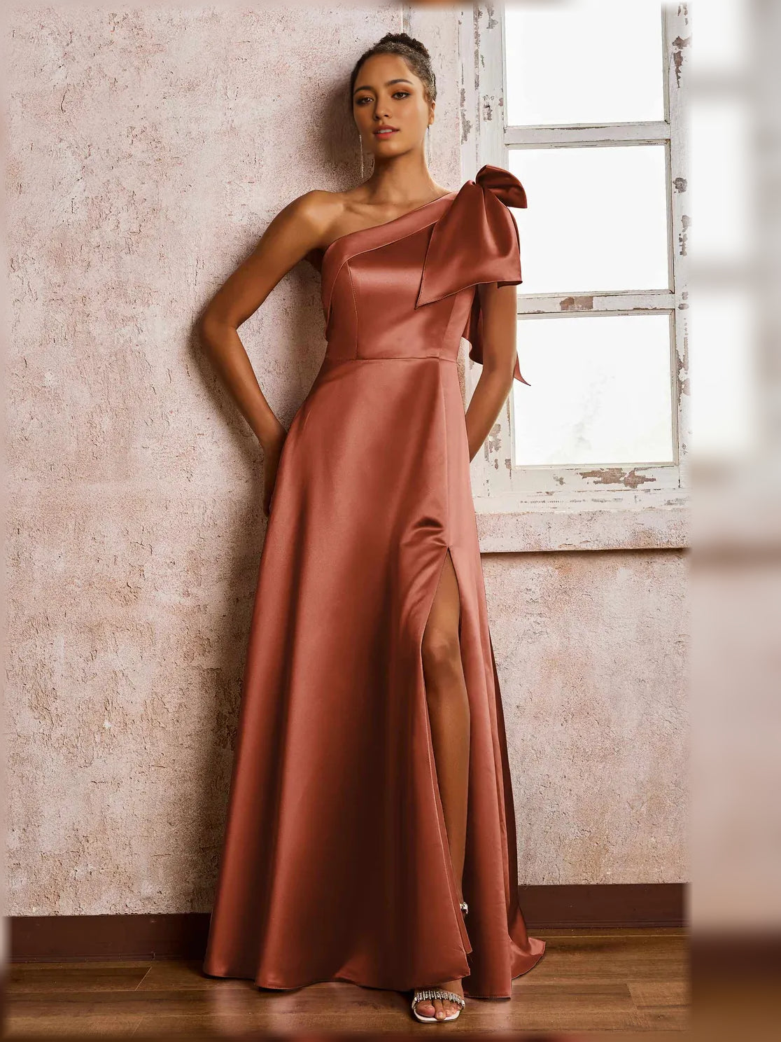 One-Shoulder Slit A-Line Floor-Length Romantic Formal Dress
