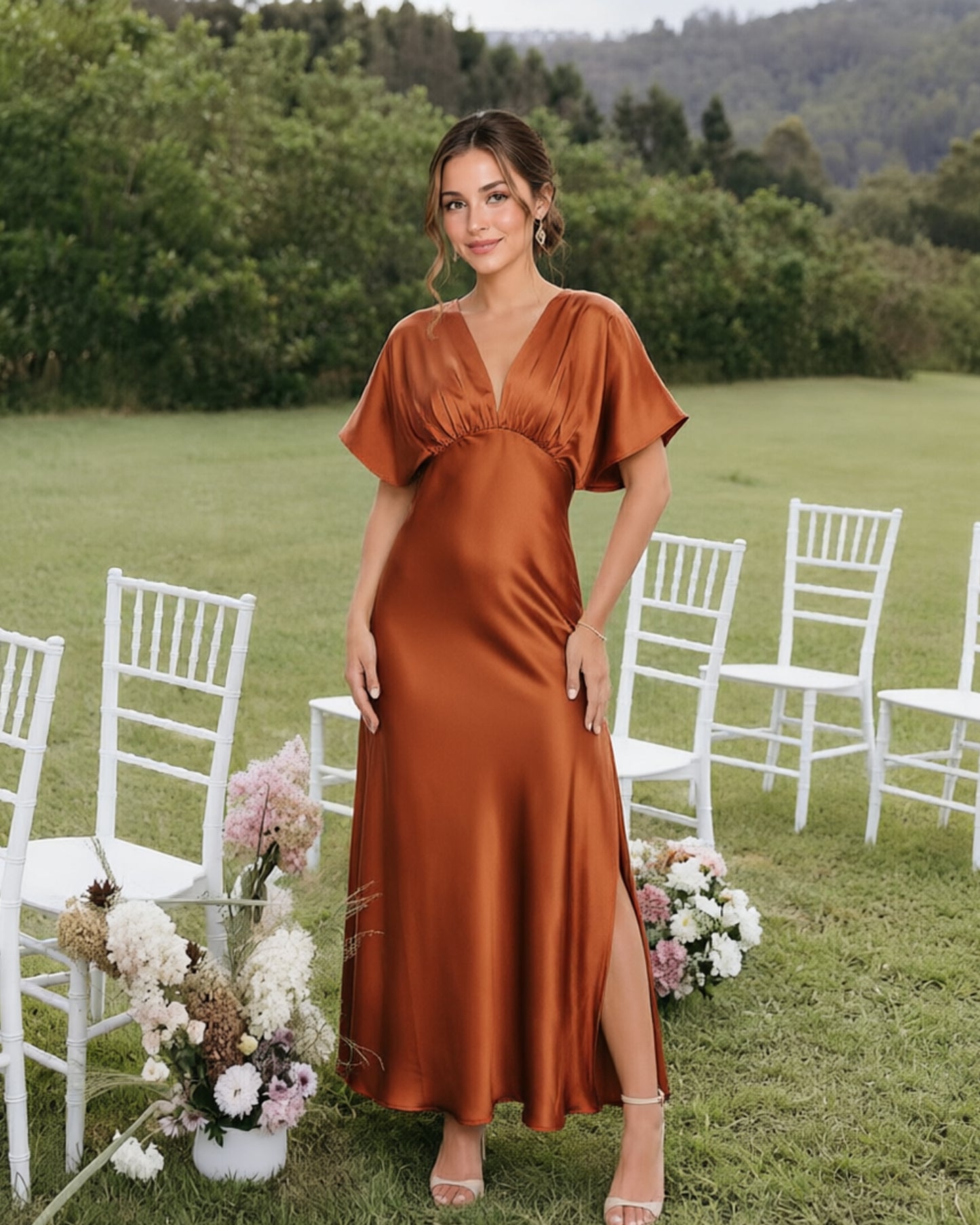 Empire Waist Satin Bridesmaid Dress with Flutter Sleeves and Side Slit