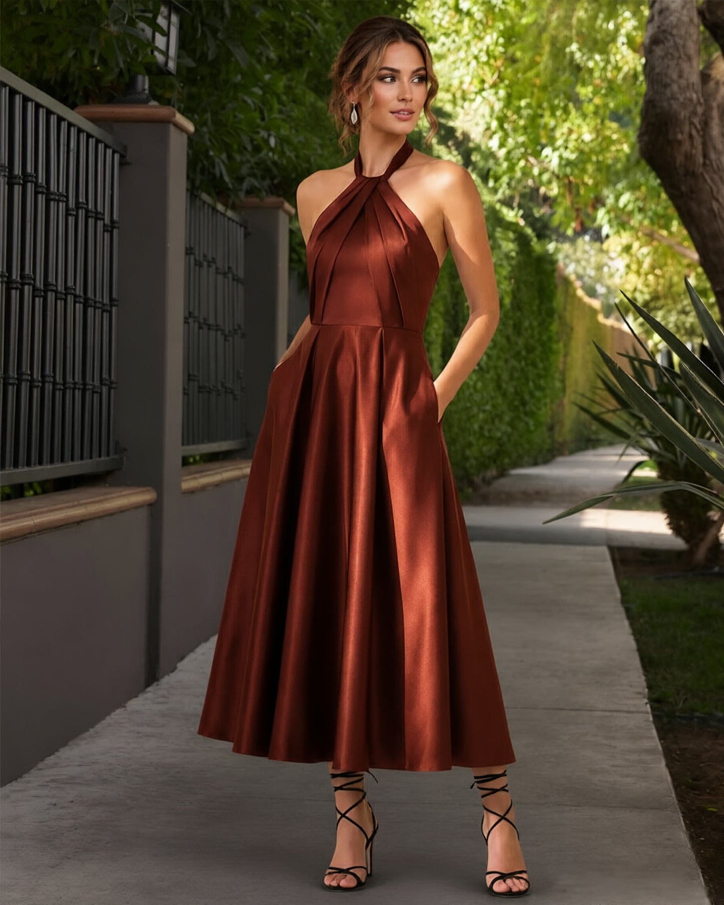Halter Neck Satin Tea-Length Formal Dress with Open Back