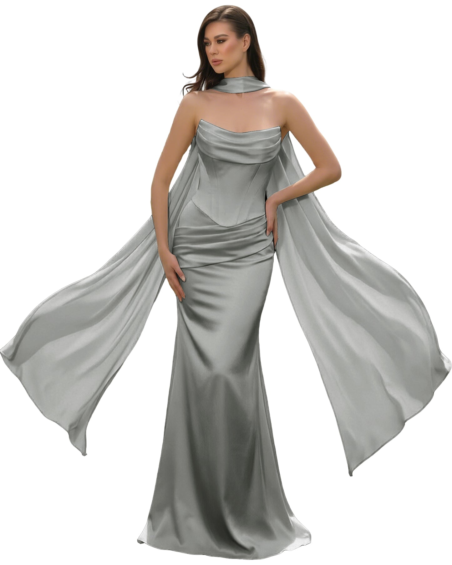 Satin Corset Mermaid Bridesmaid Dress with Cowl Neck and Dramatic Scarf