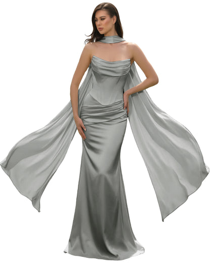 Grey Satin Corset Mermaid Bridesmaid Dress with Cowl Neck and Dramatic Scarf color option