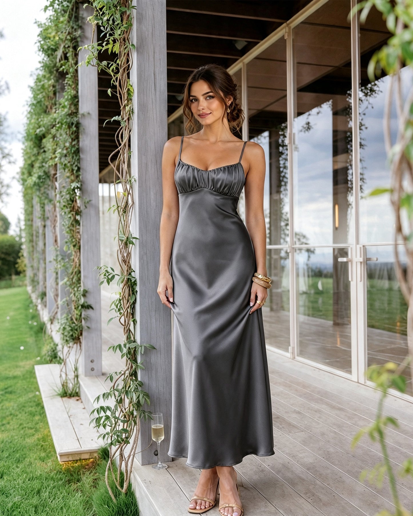 Spaghetti Strap Ruched Bust Satin Bridesmaid Dress with Tie-Back