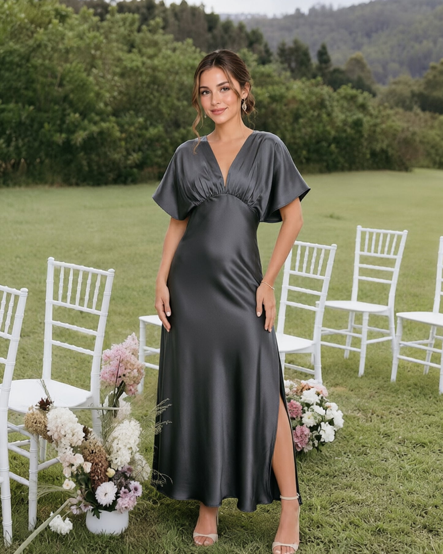 Empire Waist Satin Bridesmaid Dress with Flutter Sleeves and Side Slit