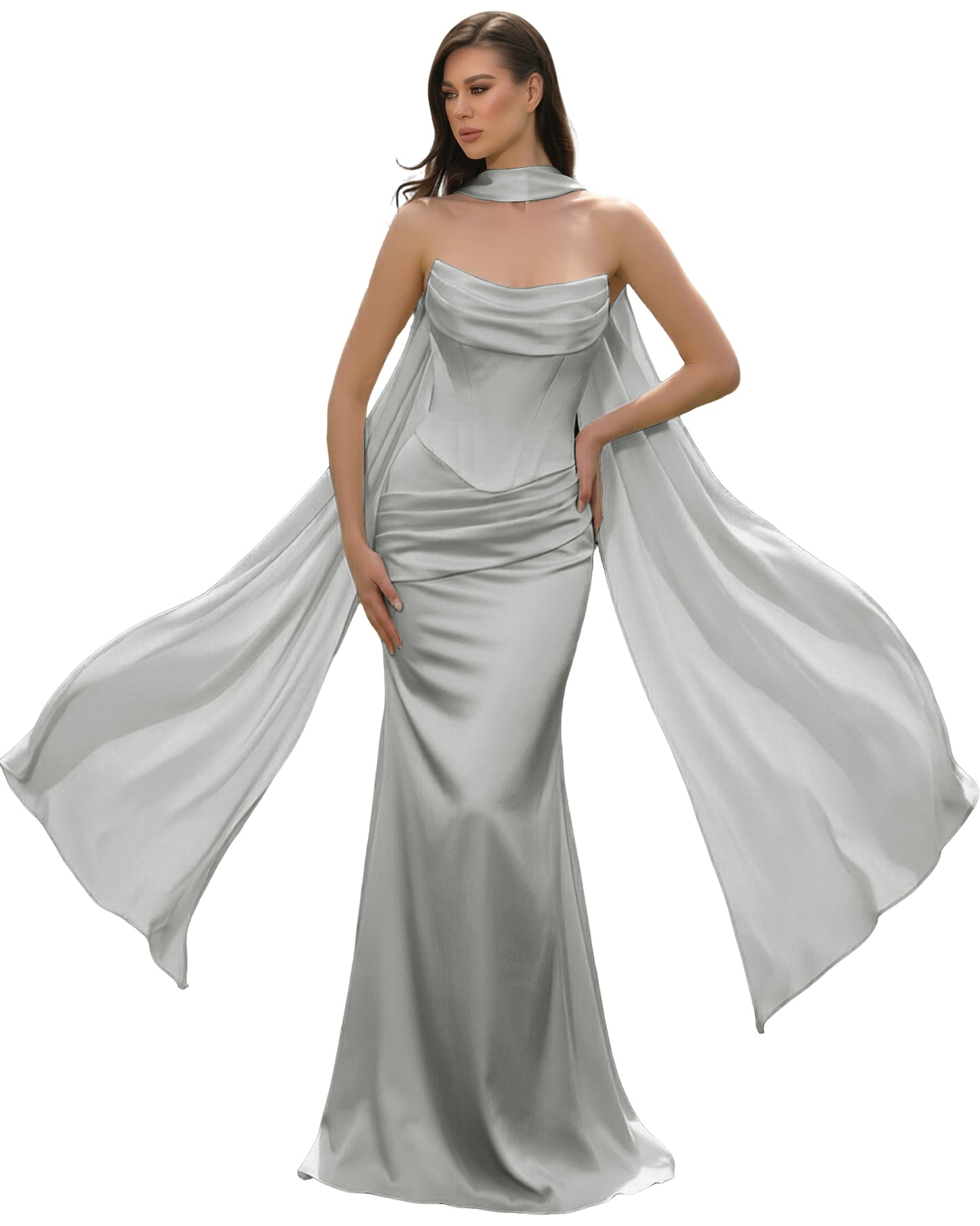 Satin Corset Mermaid Bridesmaid Dress with Cowl Neck and Dramatic Scarf