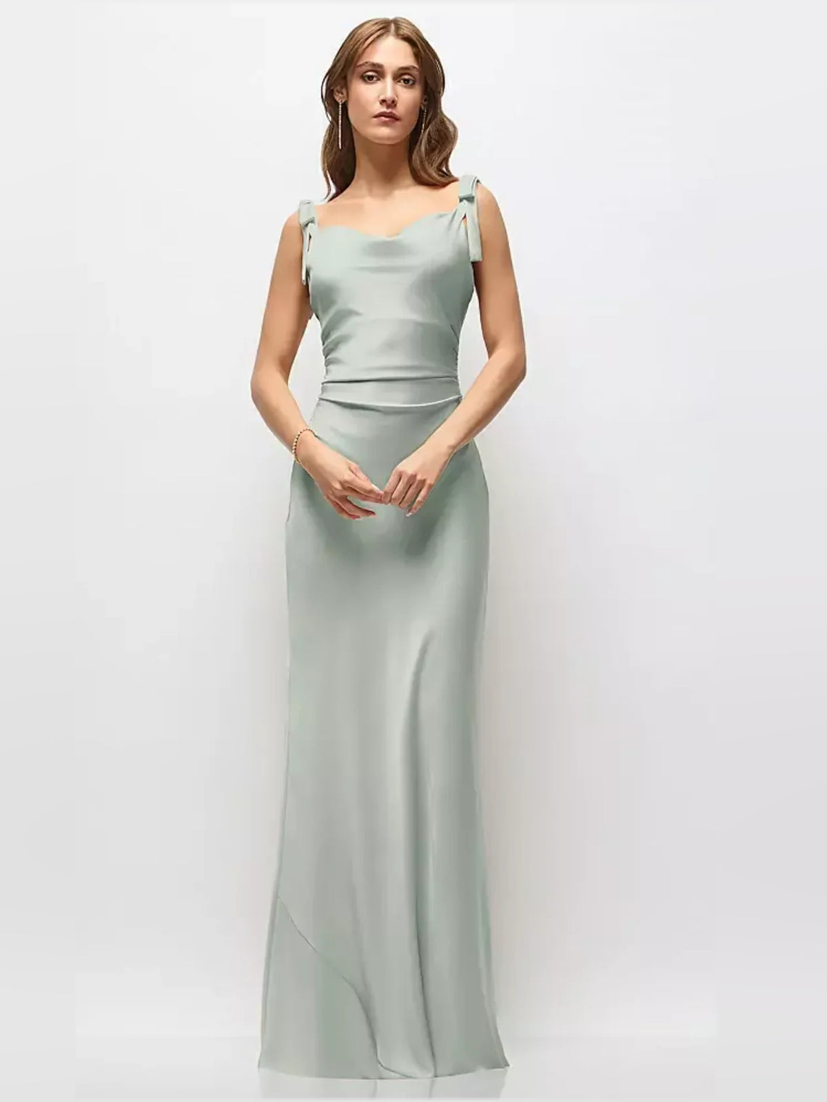 Ruched Bow Strapless Bodycon Maxi Satin Bridesmaid Dress for Bridal Party