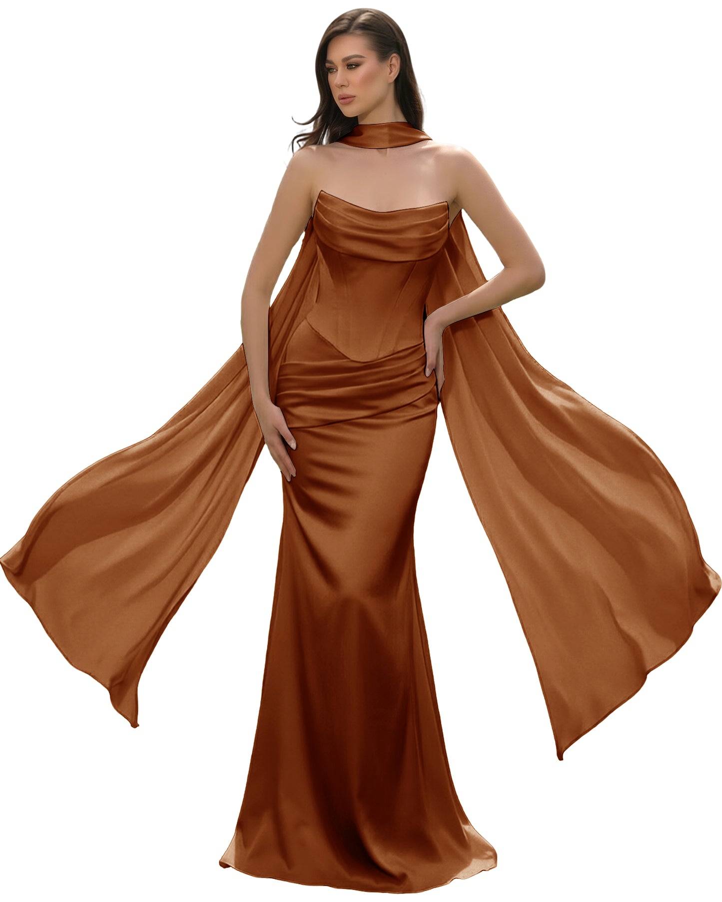 Satin Corset Mermaid Bridesmaid Dress with Cowl Neck and Dramatic Scarf